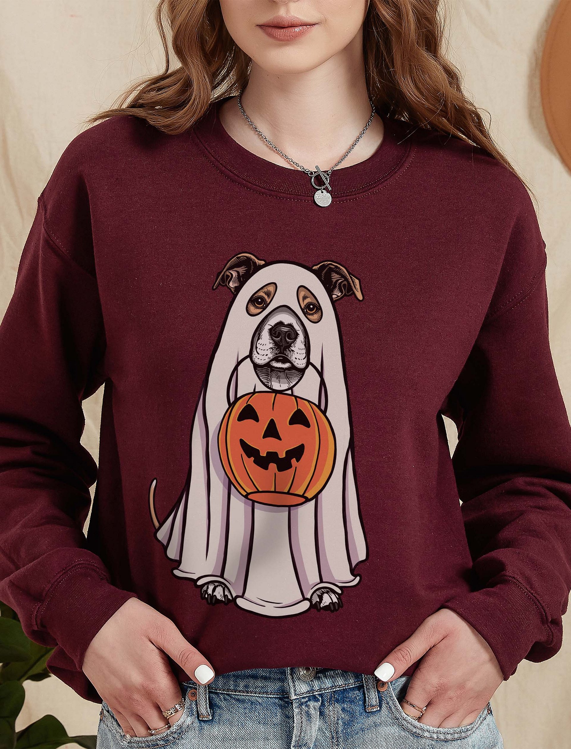 Funny Halloween Staffordshire Terrier(Fawn) Sweatshirt | Funny Staffy Wearing a Ghost Costume and Holding a Pumpkin Basket product image (2)