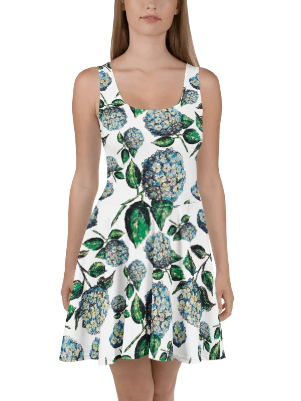 Blue Hydrangea Blooms Skater Dress | Watercolor Floral Fit & Flare Dress | Monique Faella Designs™ product image (1)