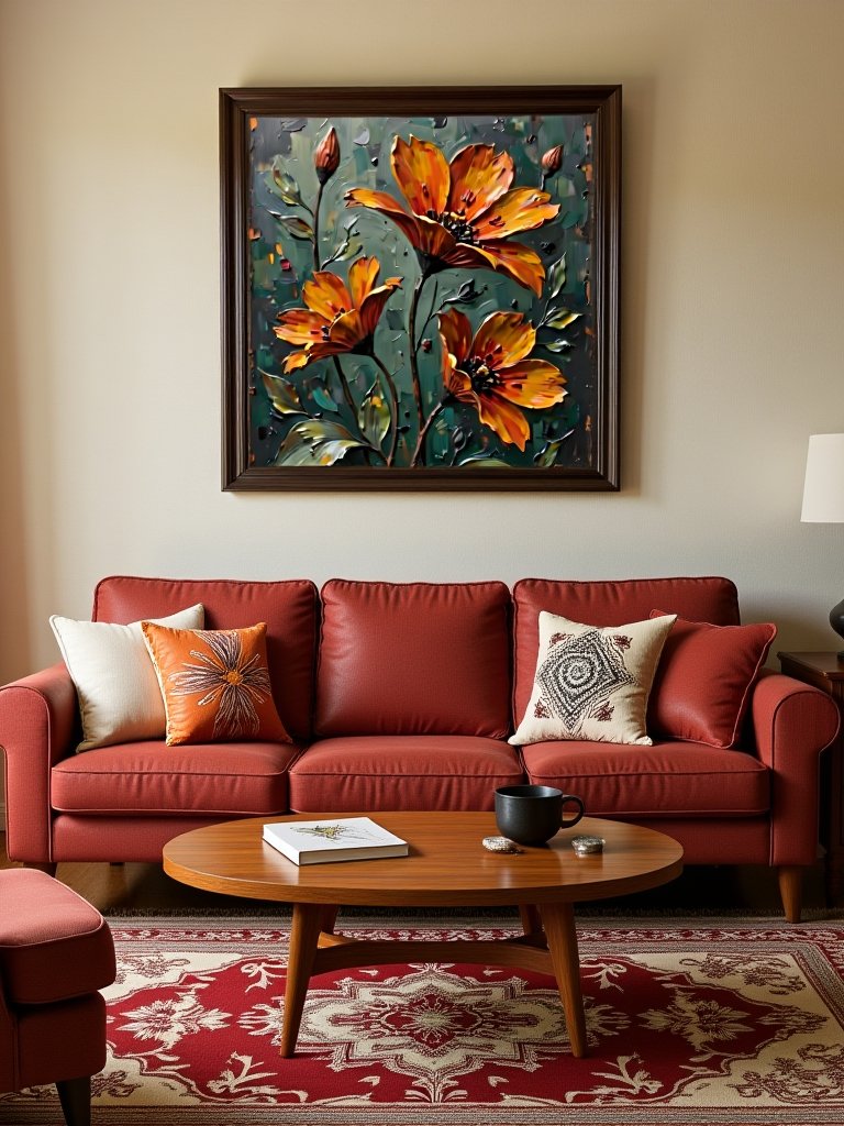 Golden Ember – Moody Retro Floral Wall Art with Textured Burnt Orange Petals on Deep Teal product image (3)