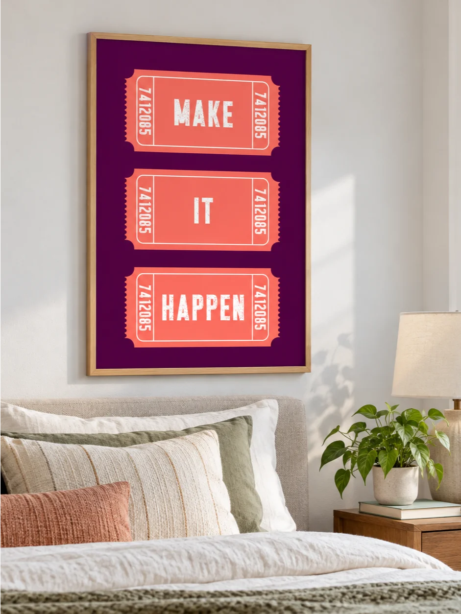 Make It Happen Motivational Poster, Retro Ticket Design, Purple Coral Typography Wall Art, Distressed Lettering, Printable Inspirational Art product image (5)