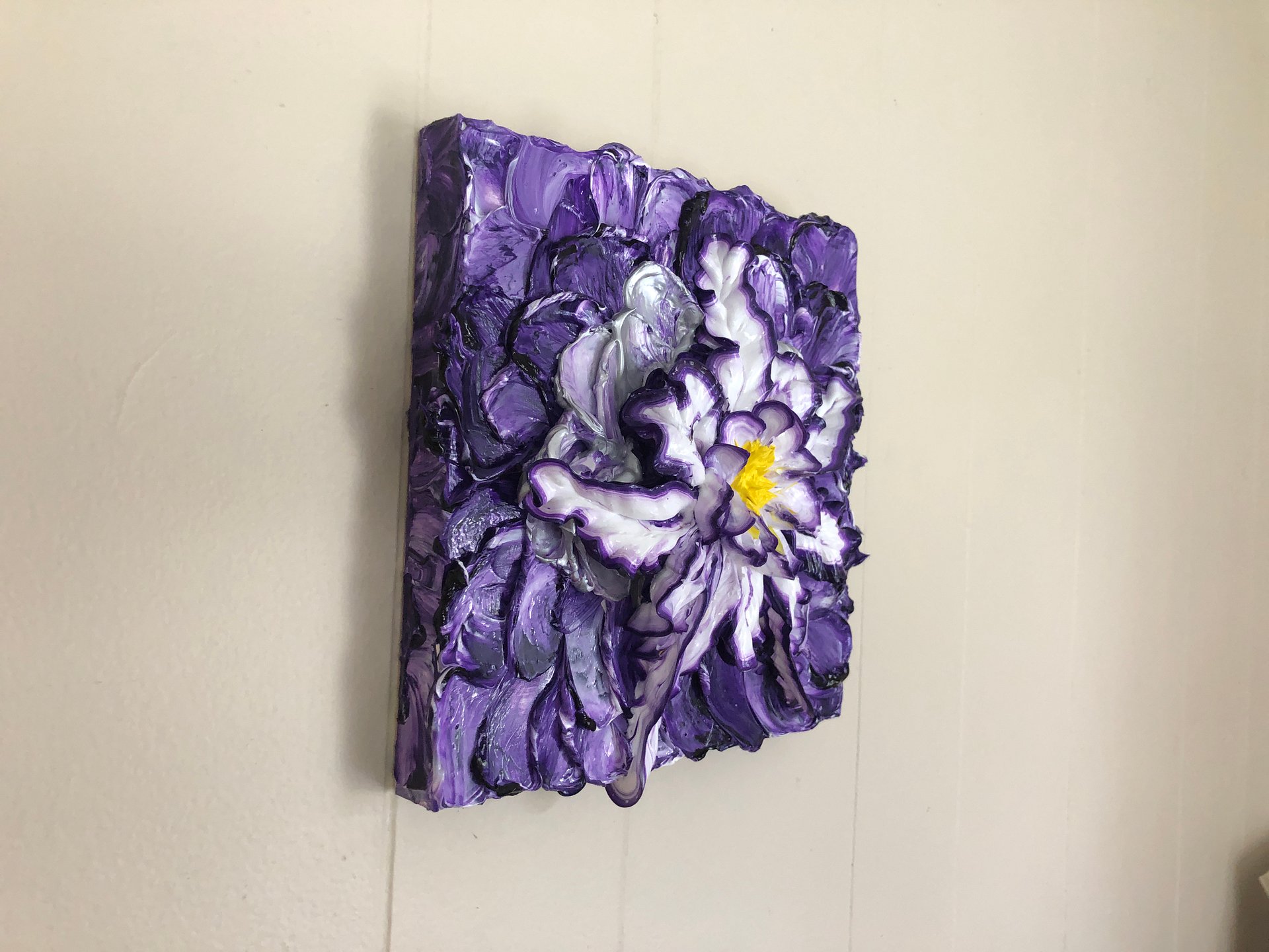8x8" birch wood panel acrylic painting of sculptural purple and white fantasy flower product image (2)