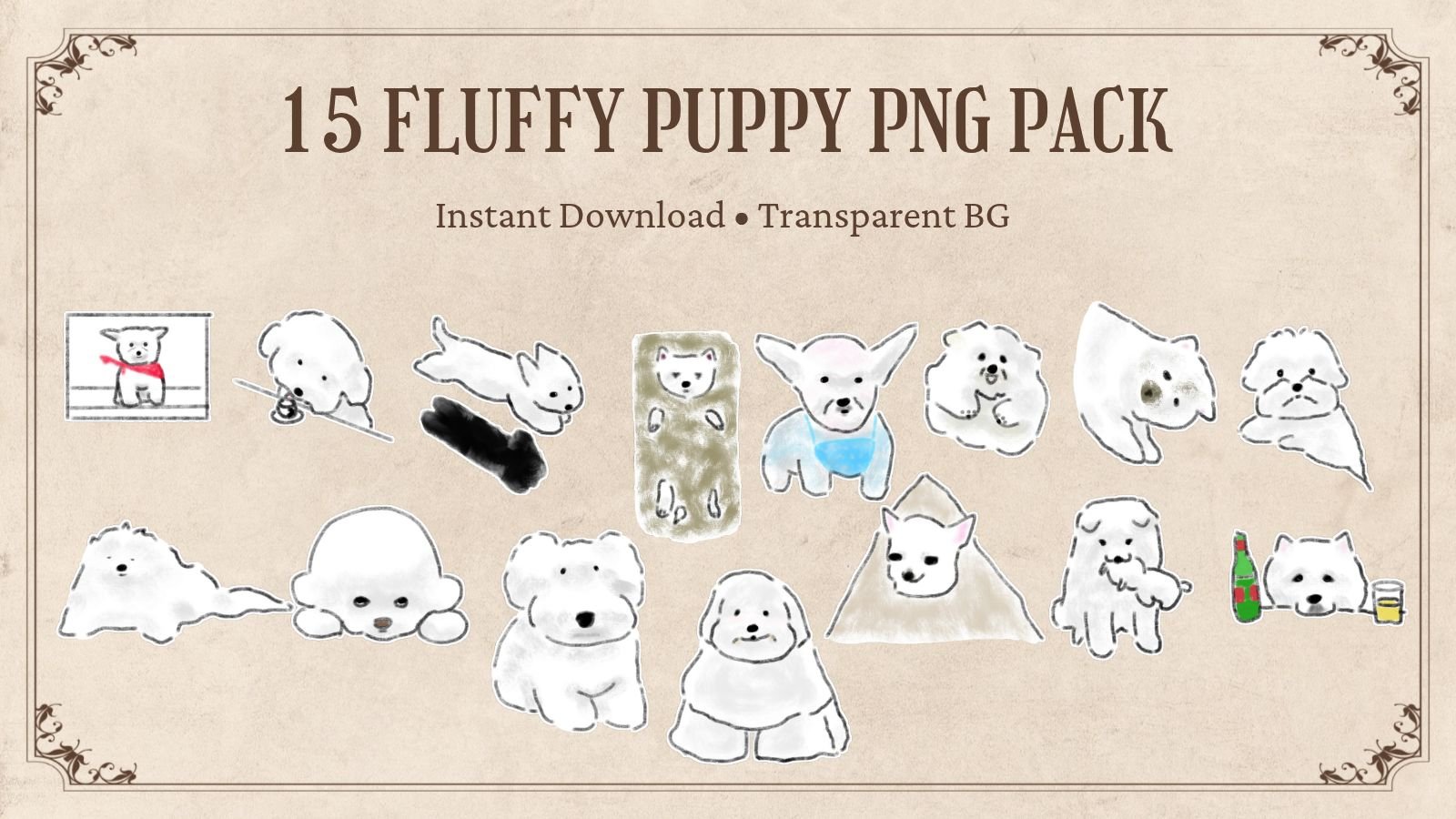 Fluffy White Puppy Digital PNG Graphics Pack (15 Designs) product image (1)