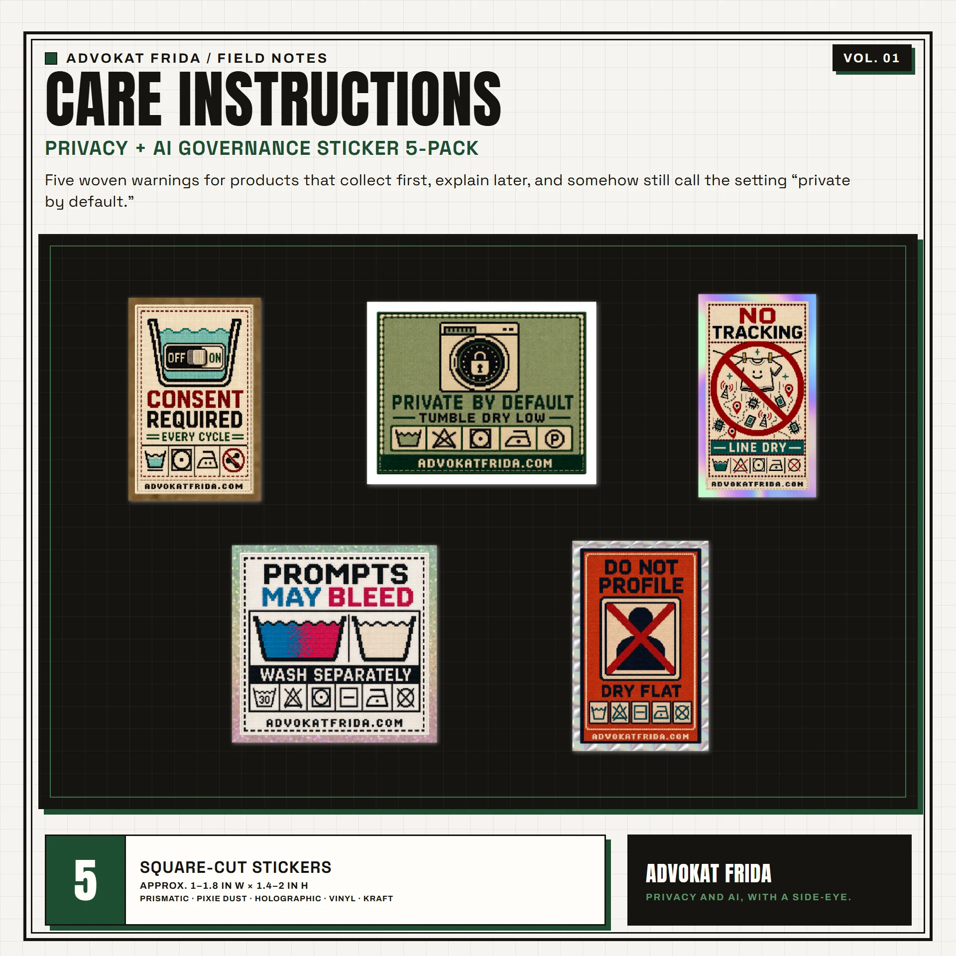 Care Instructions Vol. 01 — Privacy + AI Governance Sticker 5-Pack product image (1)