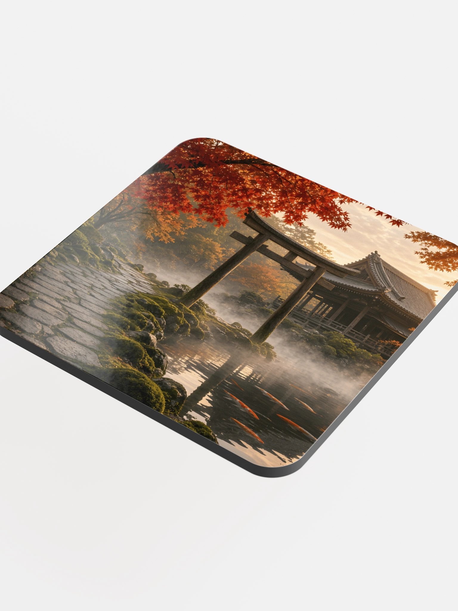 Japanese Torii Gate Autumn Garden Glossed Cork Coaster | Aesthetic Asian Landscape Drink Coaster product image (4)