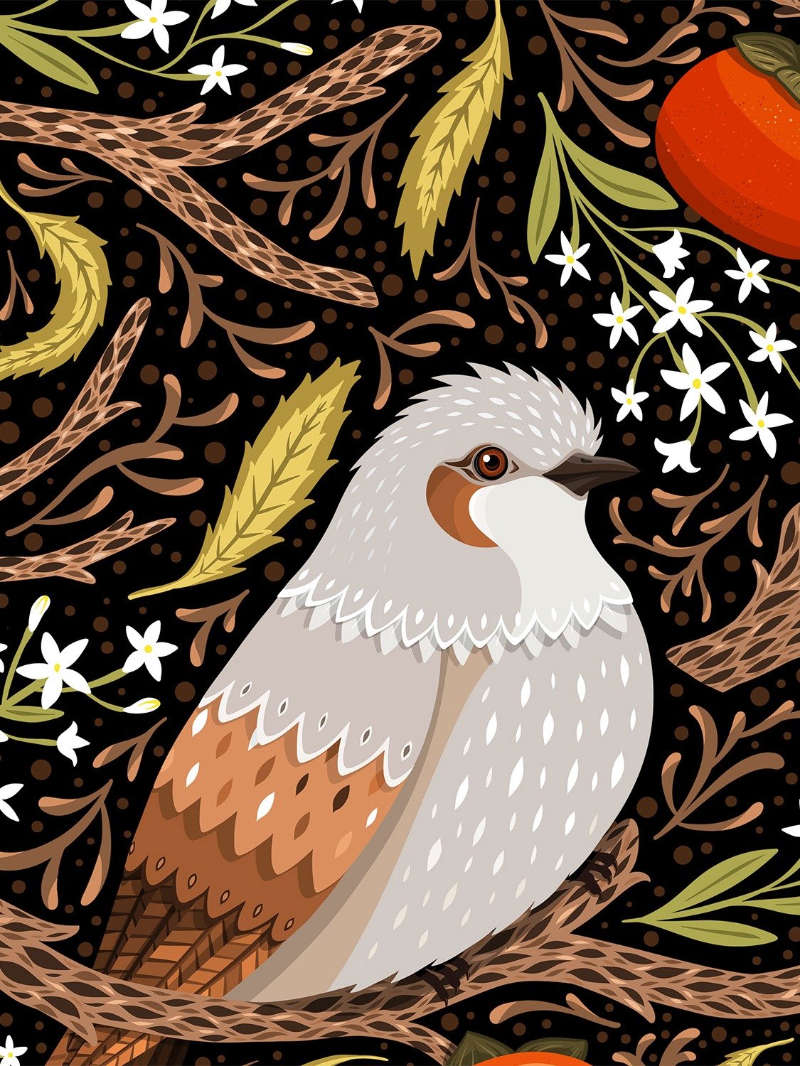 Brown Eared Bulbul & Persimmons - Bird Art Print product image (2)