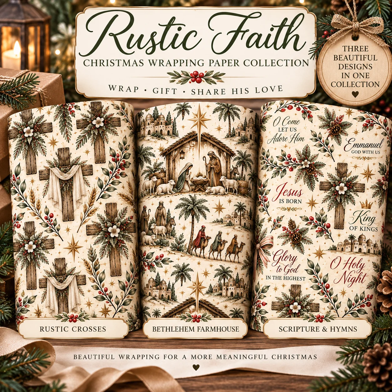 Rustic Faith Christmas Wrapping Paper Collection | Christian Nativity, Cross & Scripture Gift Wrap product image (1)