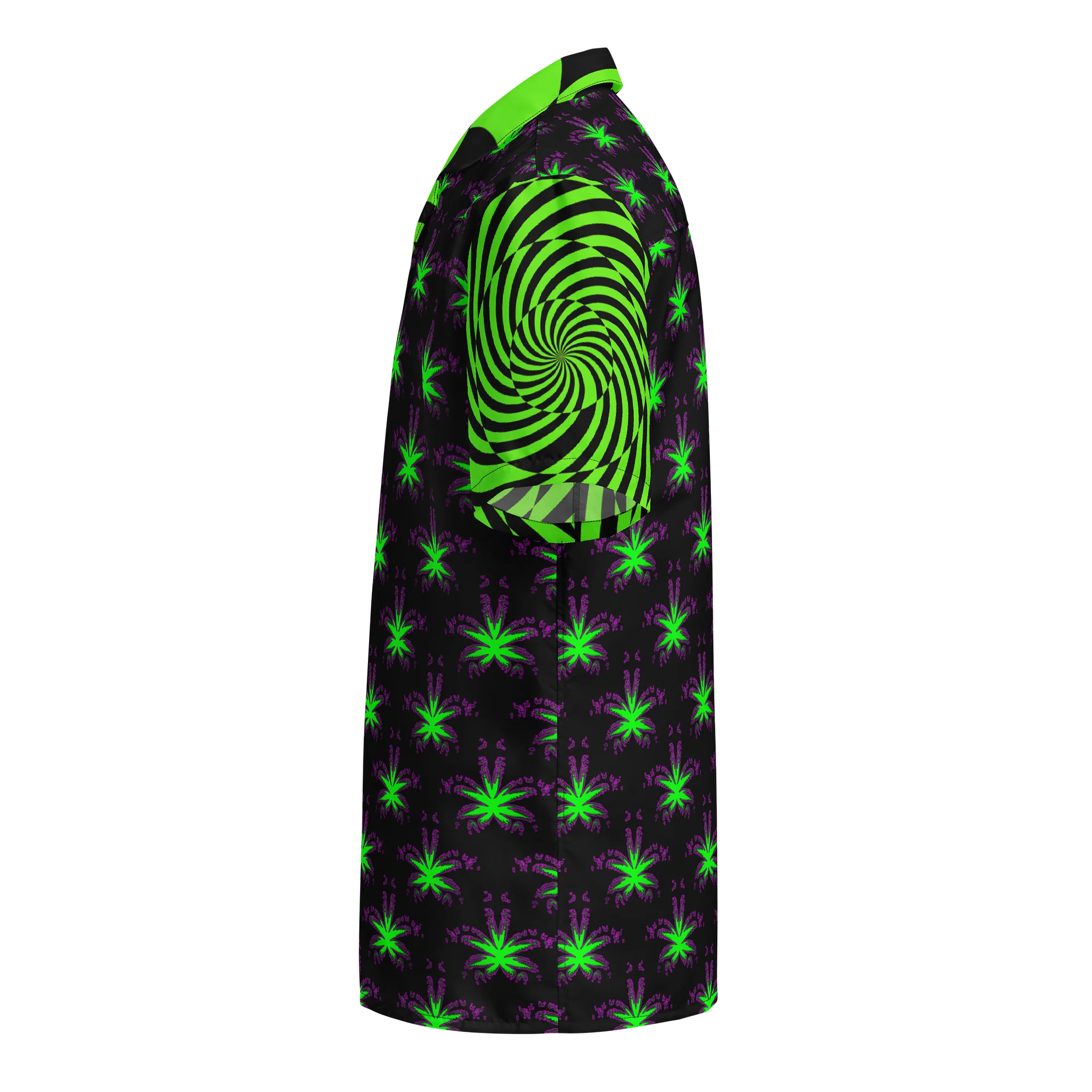 Retro Raver Stoner Button Shirt, Psychedelic Spiral Cannabis Clothes, Trippy Pot Leaf Art 420 Top, Black Neon Green Weird Weed EDM Rave Wear product image (4)