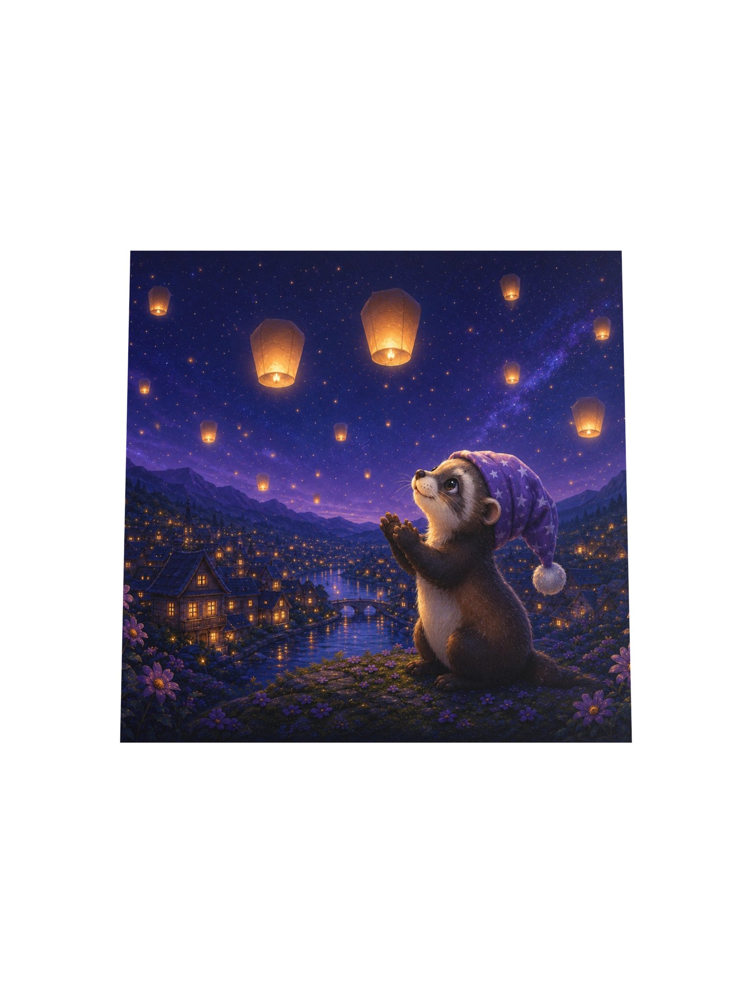 Lantern Wishes Ferret Square Art Print | Moonlit Dreams product image (4)