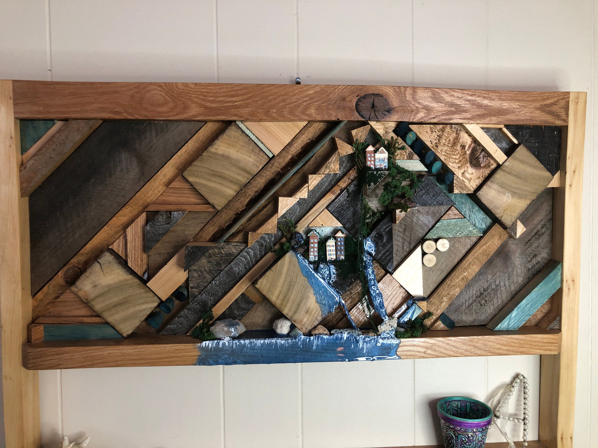 OOAK Wood wall shelf with branch pole and mini landscape diorama product image (5)