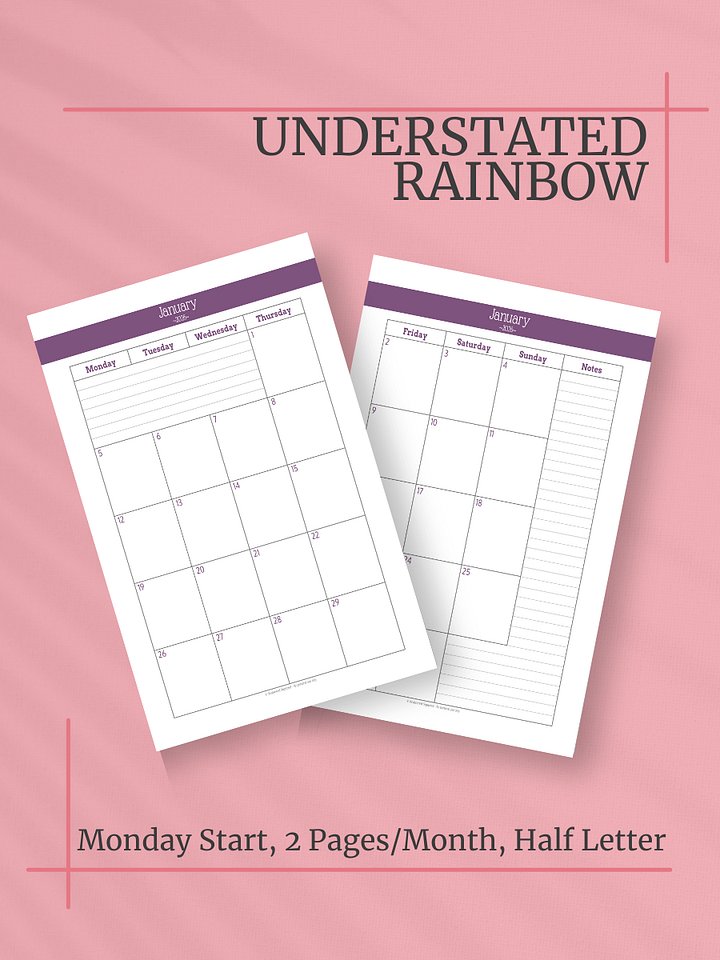 Understated Rainbow 2026 Calendar - 2 Pages per Month, Monday Start, Half Letter Size product image (1)