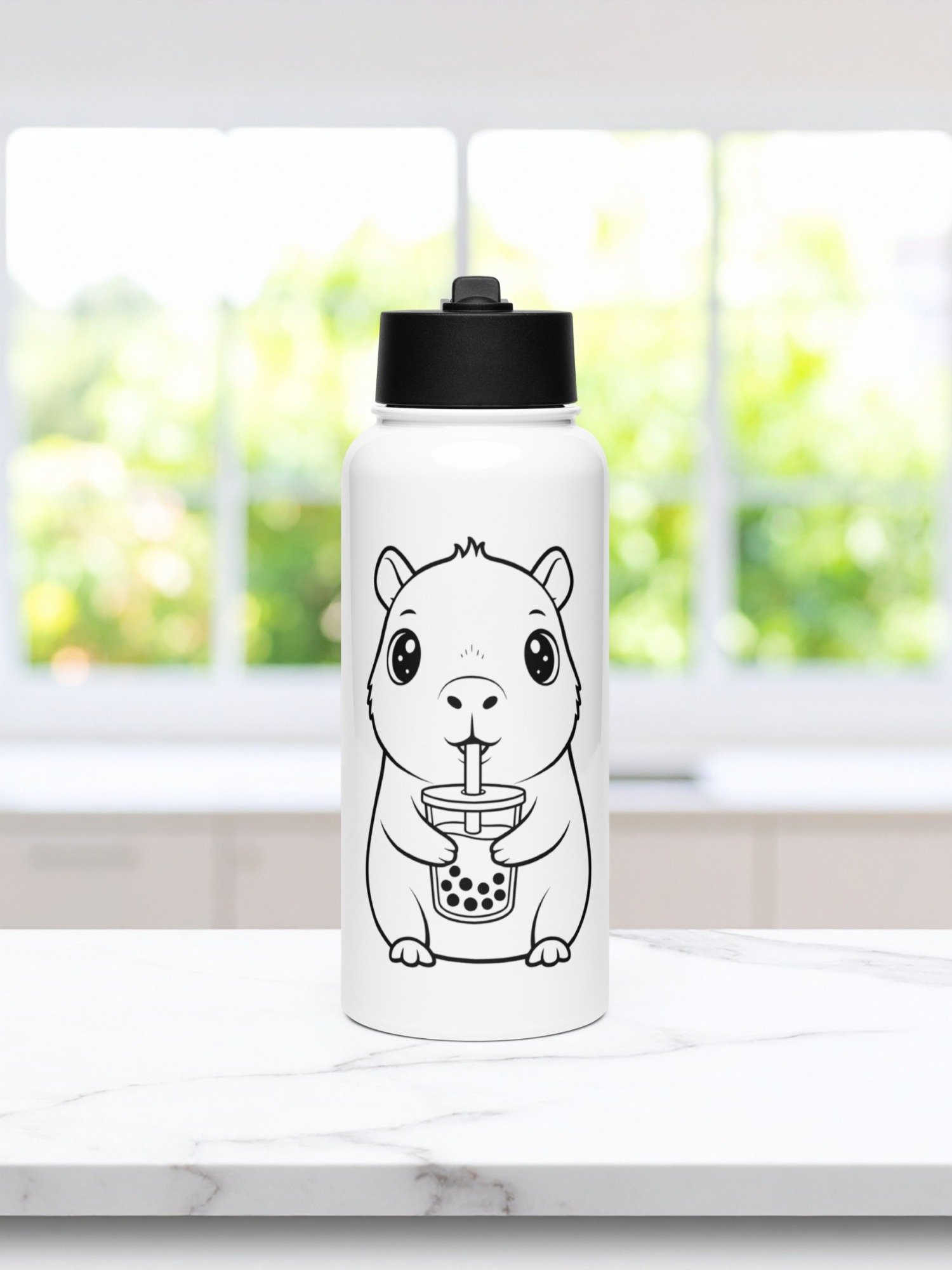Cute Capybara Bubble Tea Design Insulated Water Bottle 32oz Gift for Kawaii Style Animal Lovers Line Art Illustration product image (1)