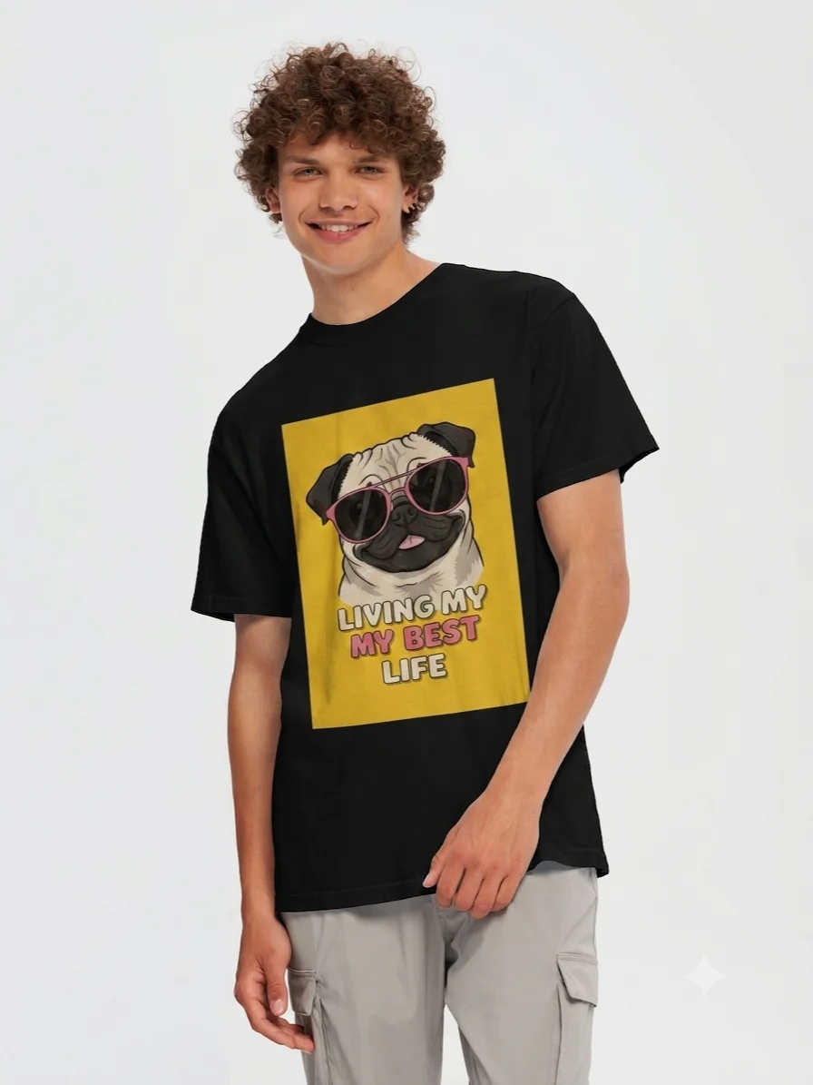 Men’s Pug Living My Best Life T-Shirt – Funny Dog Sunglasses Design product image (1)