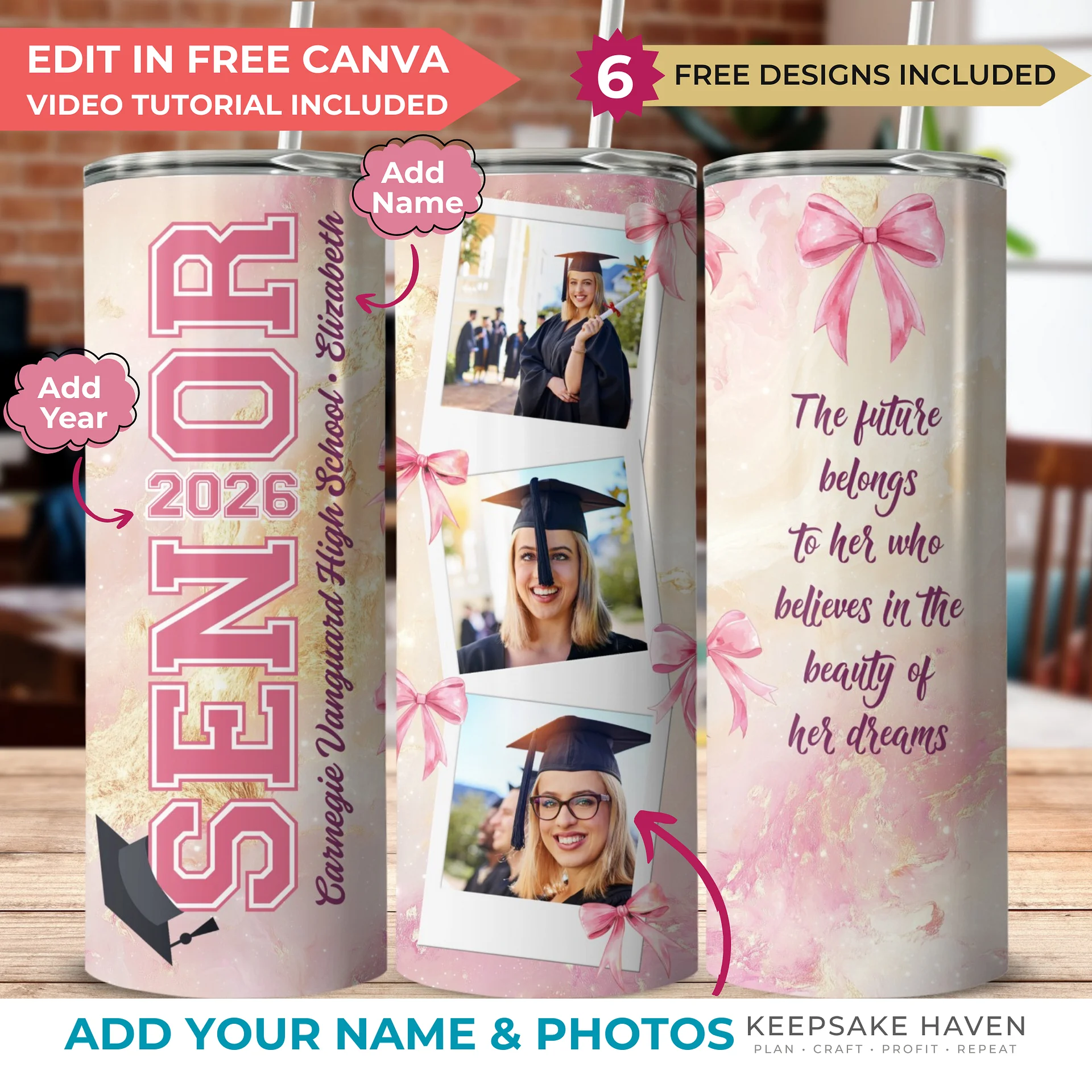 Graduation Photo 20oz Tumbler Wrap PNG, Polaroid Picture Tumbler Pink Coquette Gold, Seamless Sublimation Senior High School, Download product image (1)