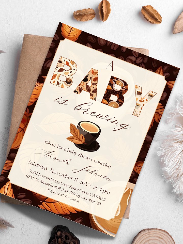 Coffee Themed Baby Shower Invitation Template, Rustic A Baby is Brewing Party, Coffee Brunch Baby Shower Invite Idea, Digital Download Canva product image (1)