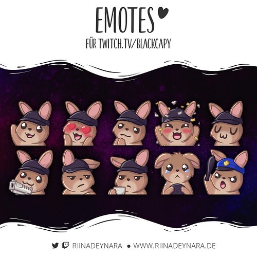 ✦ Emotes
https://www.twitch.tv/BlackCapy

Das sind die Emotes für BlackCapy, er wollte unbedingt einen Hasen haben und natürl...