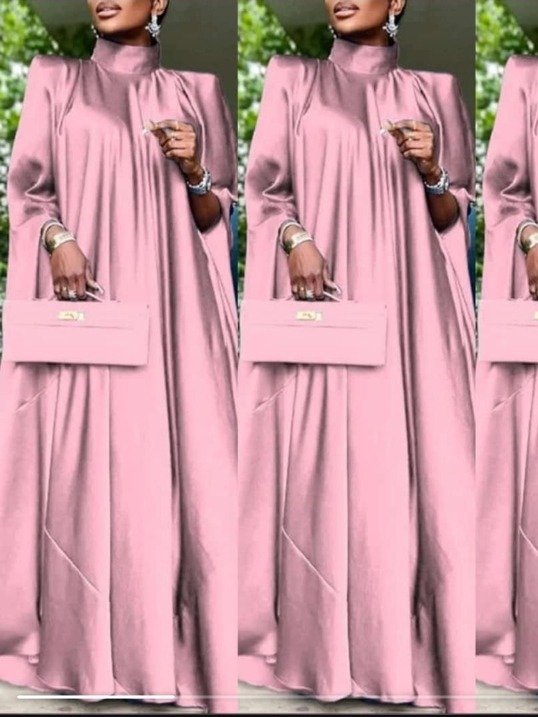 Women's Elegant Satin Pleated Maxi Dress, Stand Collar Long Sleeve Evening Party Dress, Loose Fit Autumn Wedding Guest Cocktail Gown product image (2)