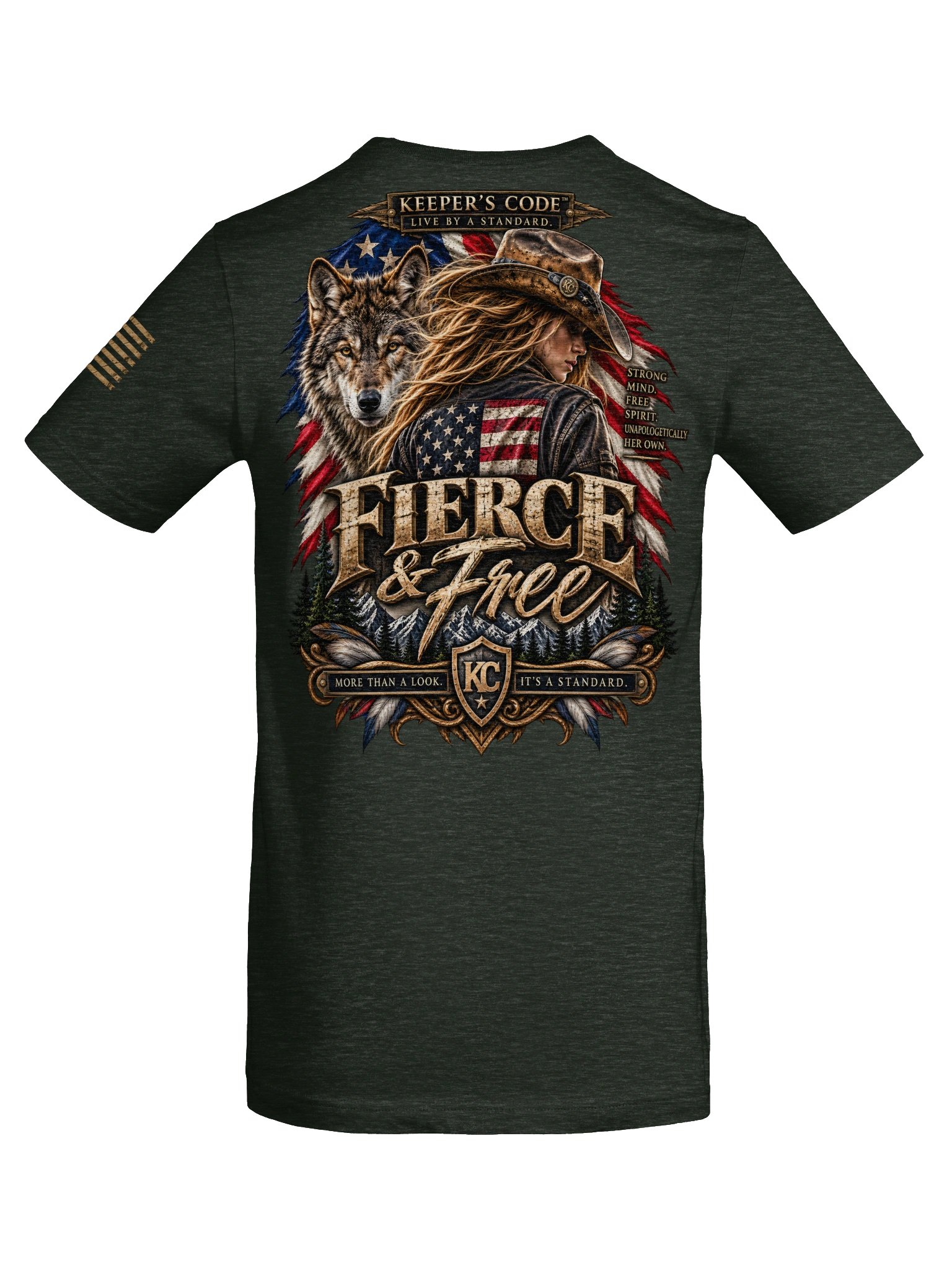 Keeper’s Code™ Women’s Fierce & Free Wolf Patriotic Graphic T-Shirt product image (22)