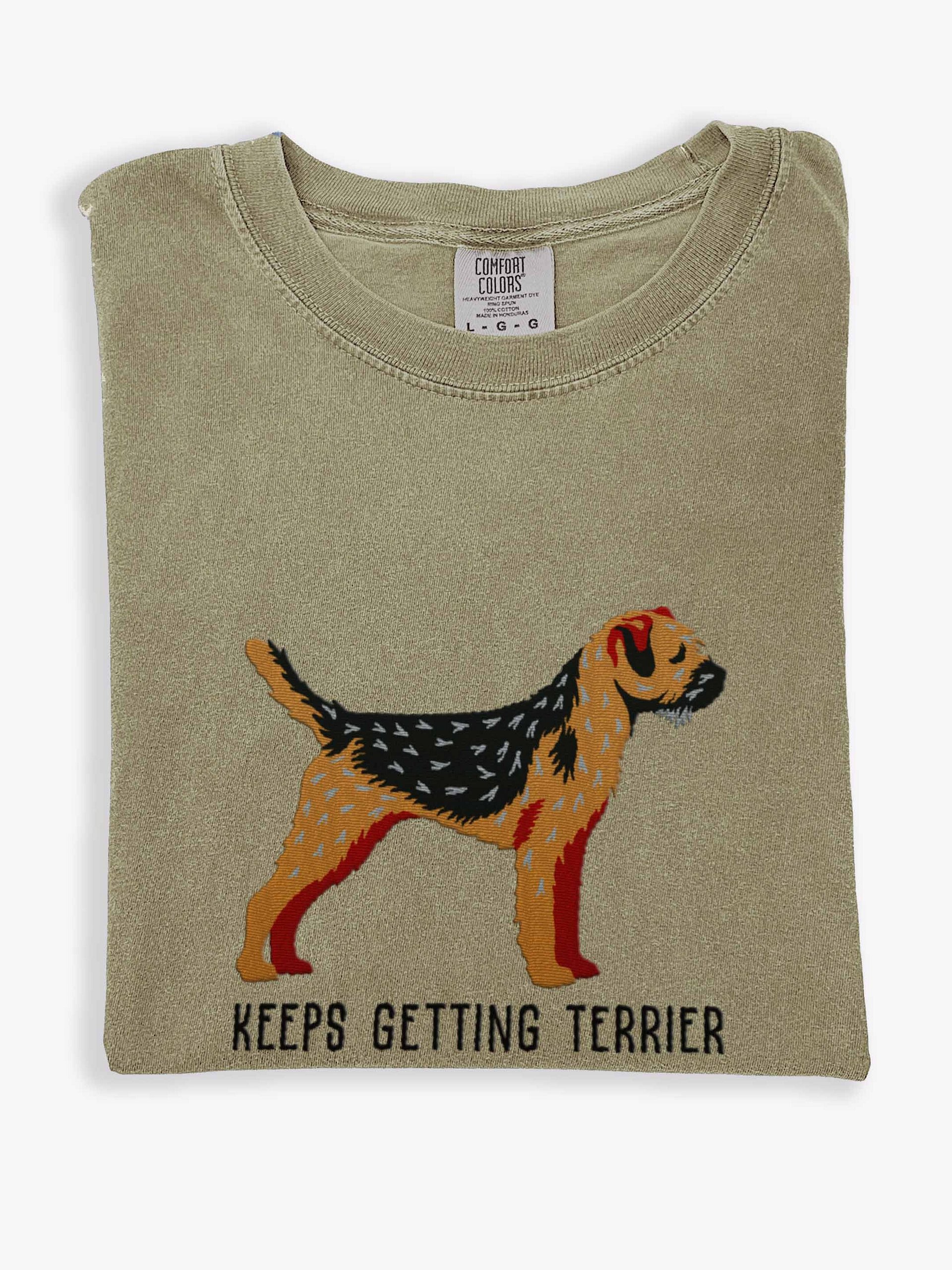 Keeps Getting Terrier T-Shirt(Embroidered) of a Border Terrier(Black & Tan) product image (1)