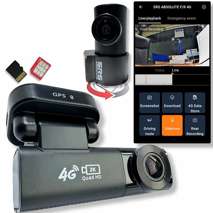 SRS ABSOLUTE 2.6K Dual 4G Dash Cam Timelapse Loop Record GSensor GPS Tracking Remote Live Video Voice Calling GeoTagging SOS Parking Monitor GeoFencing SIM MicroSD Supp Upto 1TB (S24Gen3 Front/Rear) product image (1)