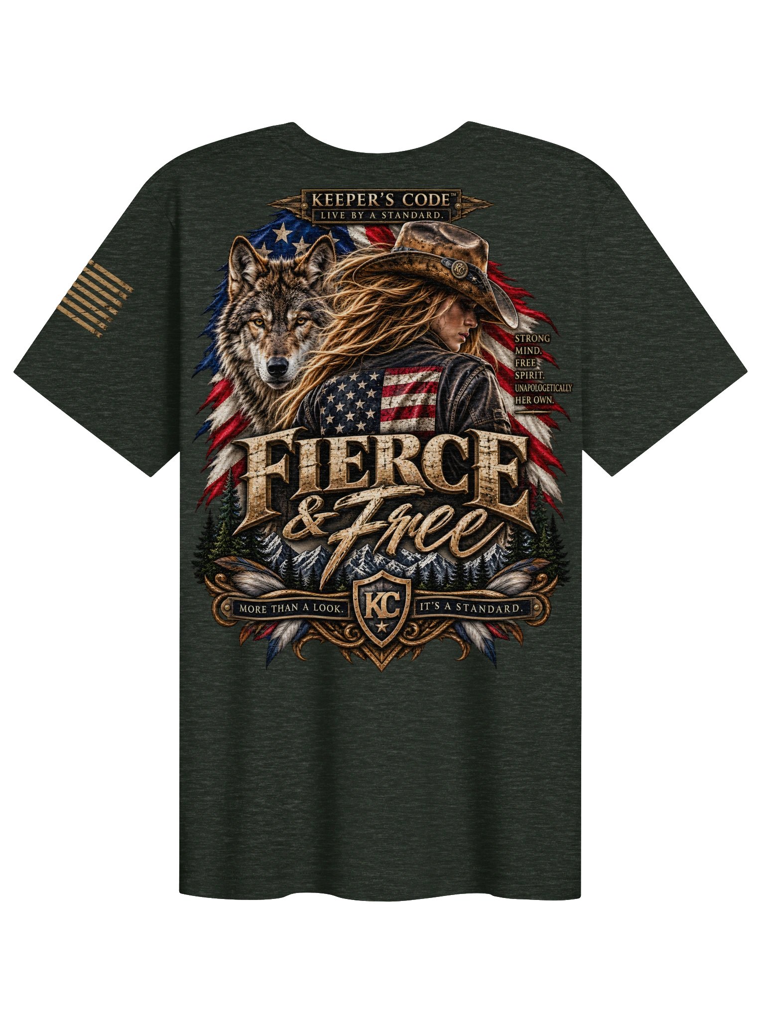 Keeper’s Code™ Women’s Fierce & Free Wolf Patriotic Graphic T-Shirt product image (18)