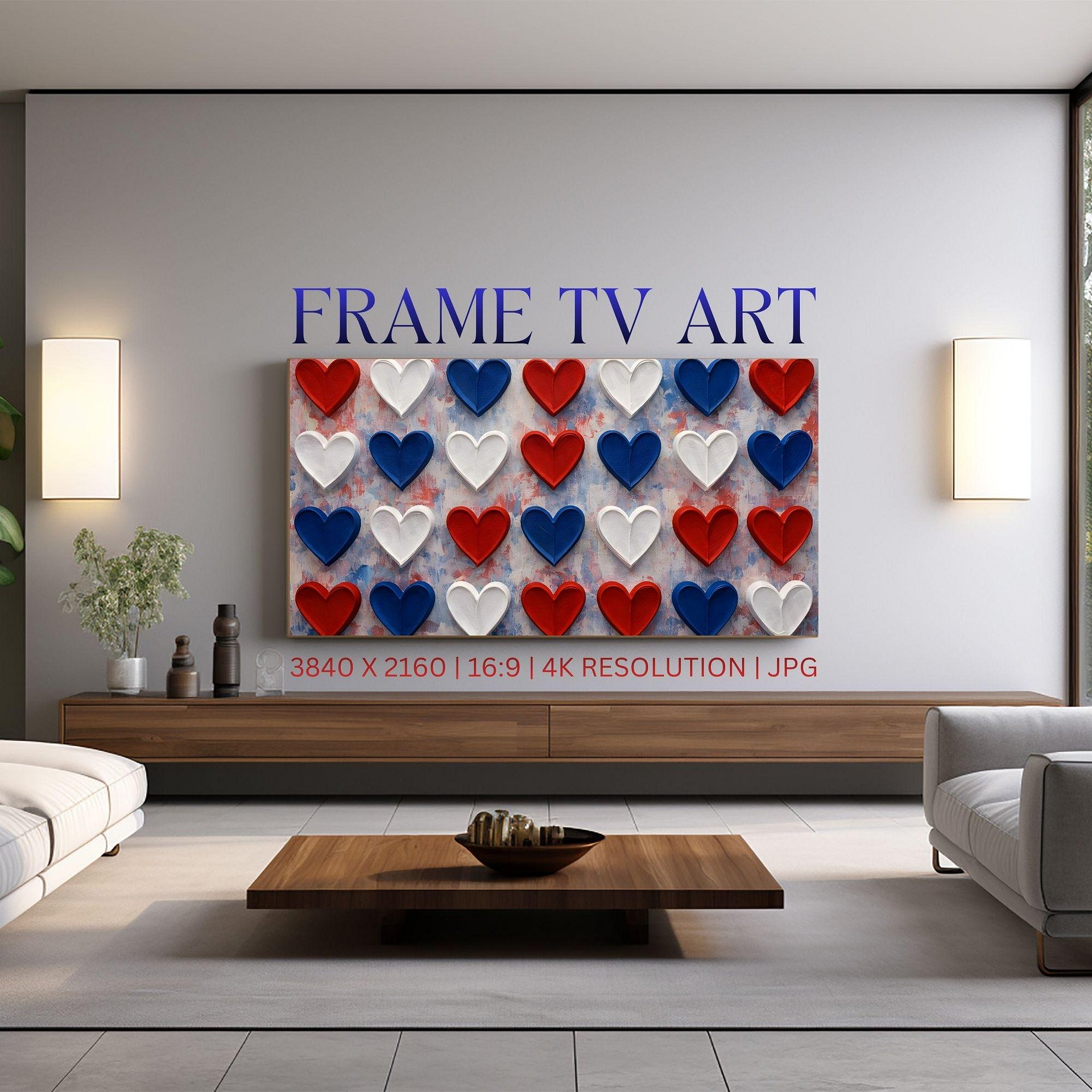 Patriotic Hearts Frame TV Art Large Heart Design, Red White & Blue Oil Painting Digital Download product image (6)