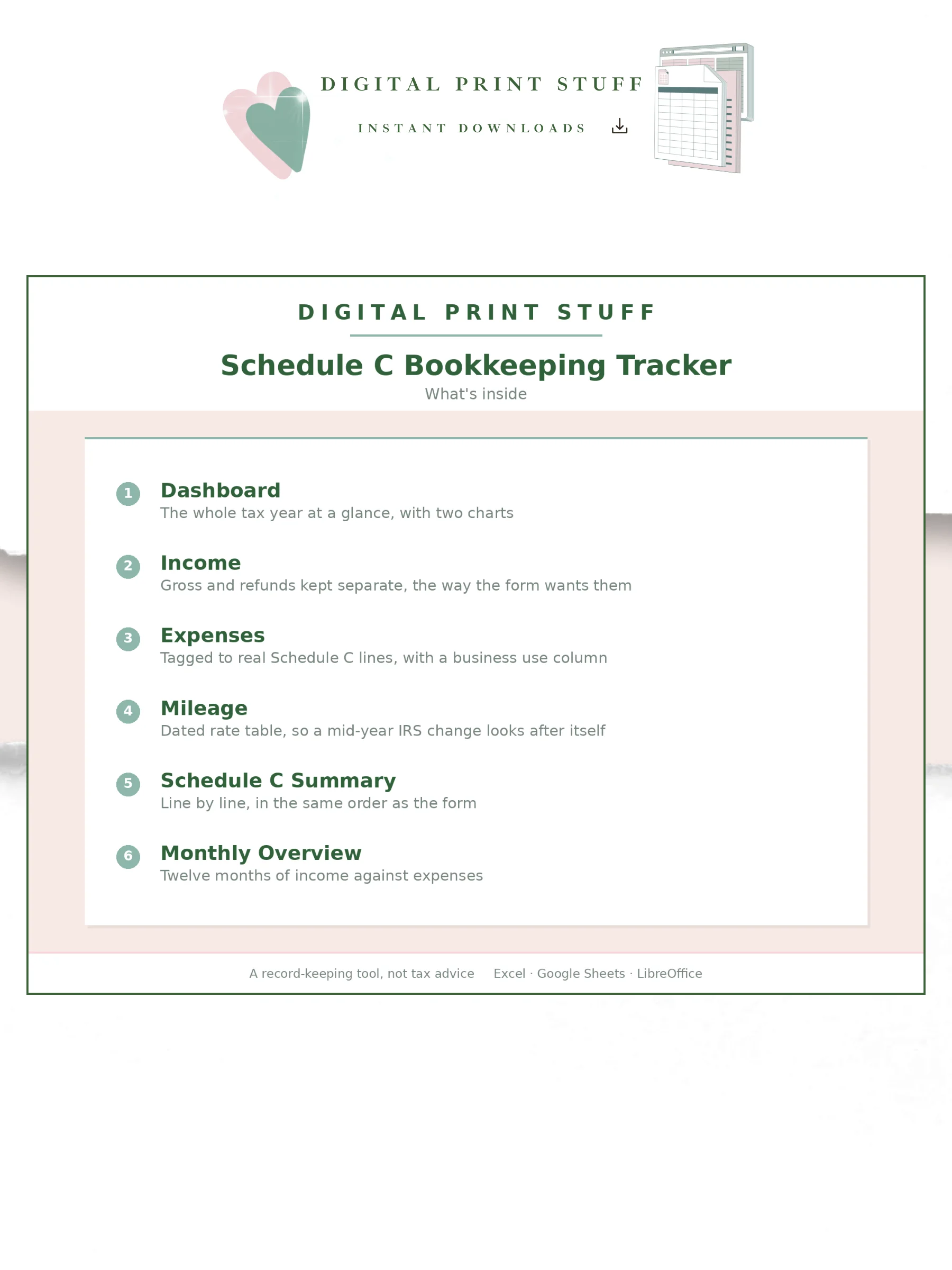 Schedule C Bookkeeping Spreadsheet | Small Business Tax Tracker | Income Expenses & Mileage Log | Excel Google Sheets product image (3)