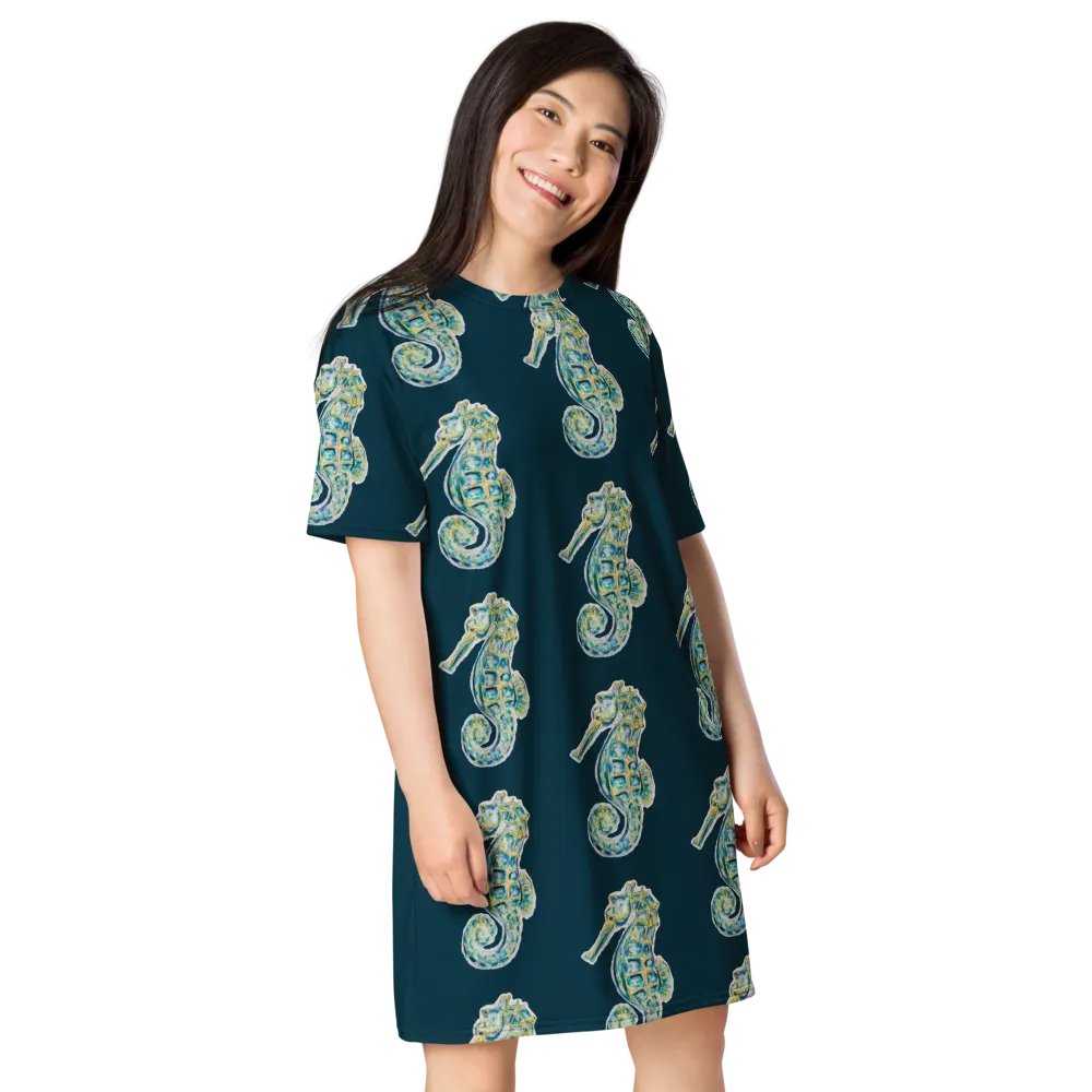 Ocean Majesty | Painted Seahorse | T-Shirt Dress | Coastal Oversized Dress | Ocean-Inspired Casual Style | Blue Whale Background product image (9)