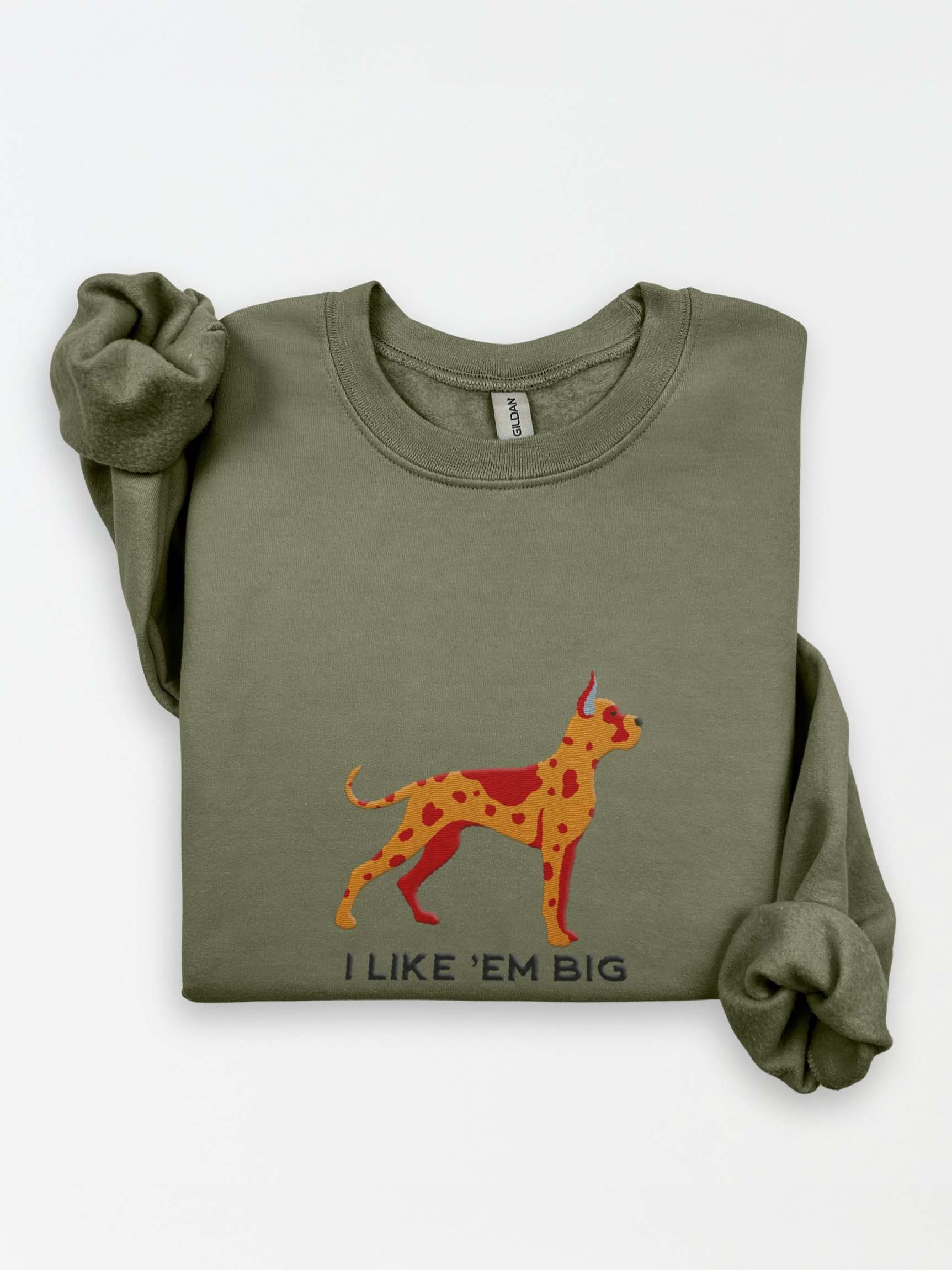 I Like 'Em Big Sweatshirt (Embroidered) of a Great Dane(Chocolate Merle, Cropped Ears) product image (1)