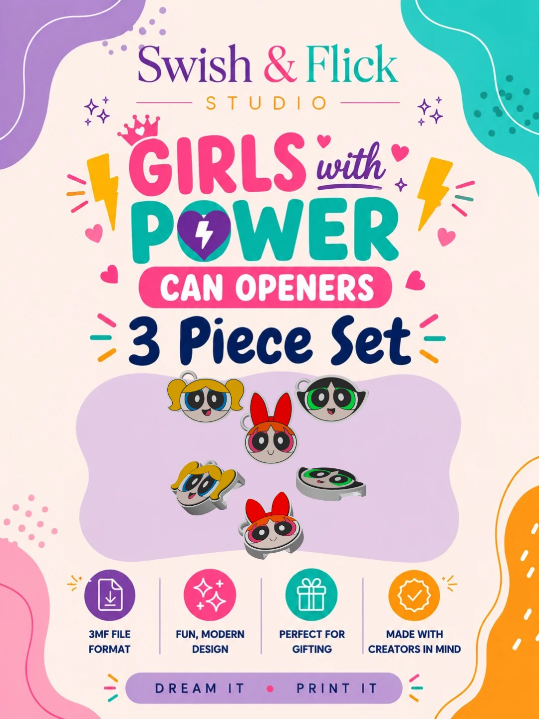 Girls with Power Can Openers Set | 4 Multicolor 3MF Files | 3D Print Can Opener Bundle | AMS MMU Compatible | Digital Download STL Alternative product image (1)