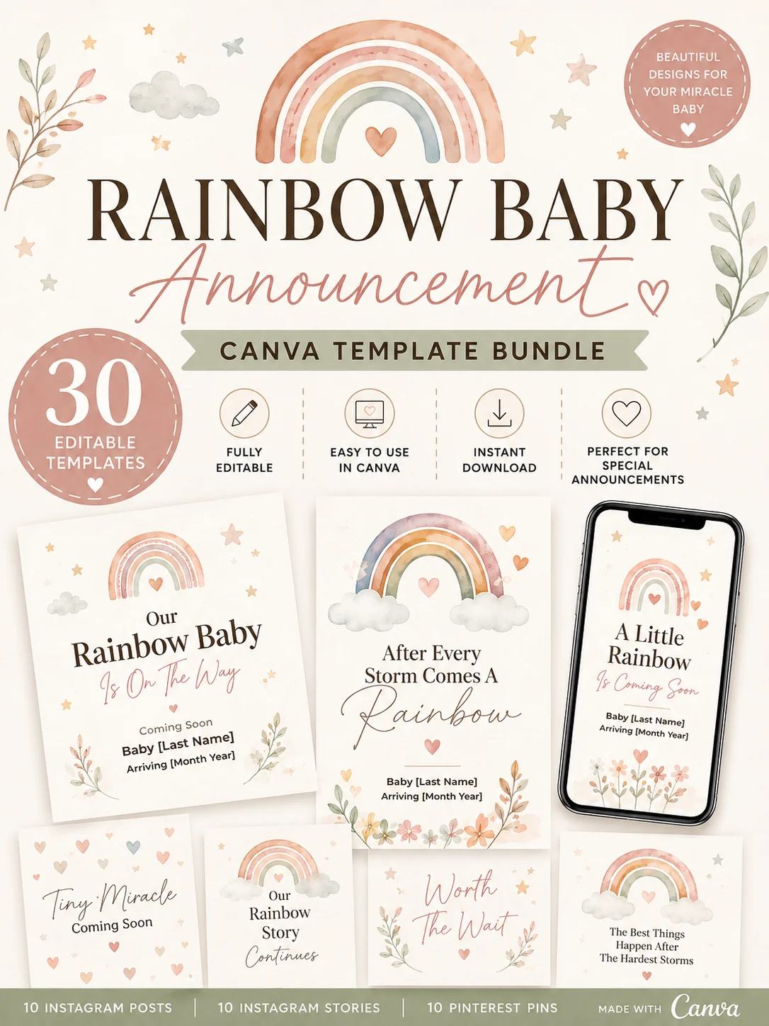 Rainbow Baby Announcement Canva Template Bundle product image (1)