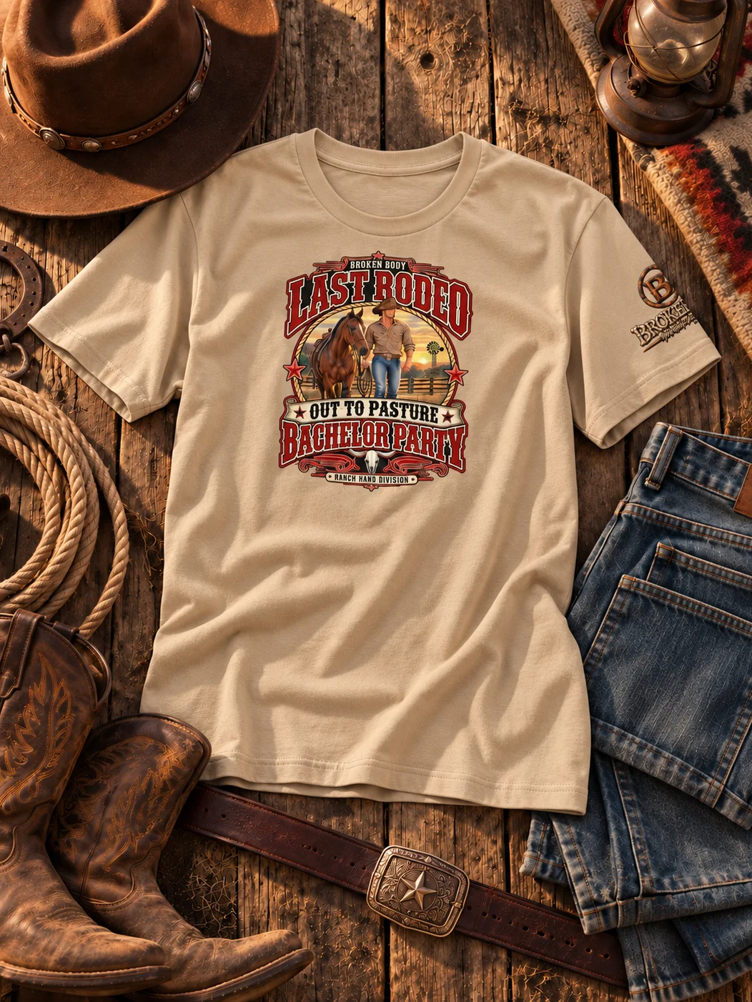 Western Bachelor Party Shirt — Last Rodeo Out to Pasture Groom Tee | Broken Body™ product image (1)