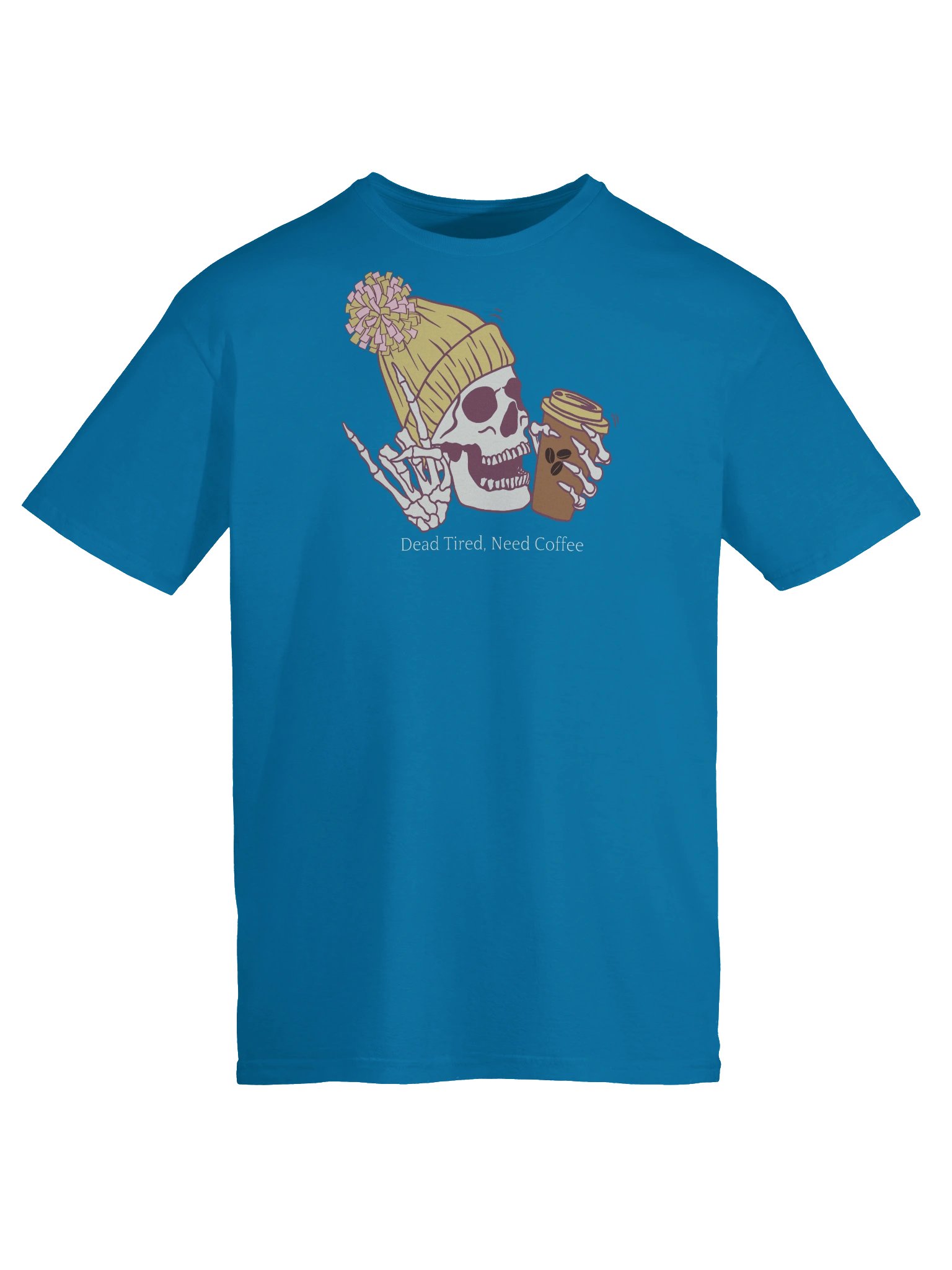 Golden “Dead Tired, Need Coffee.” Skeleton Tee – Dark Unisex Softstyle Coffee Lover shirt product image (16)