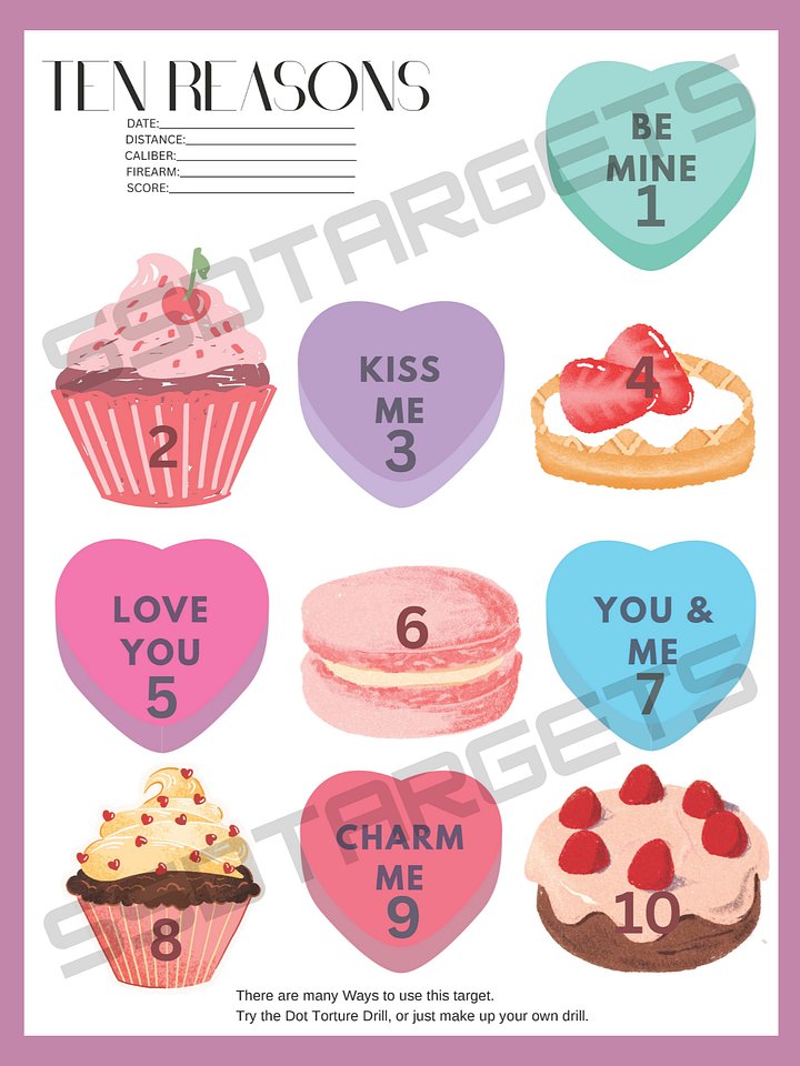 Ten Reasons- Valentine’s Shooting Target – Dot Drill Printable- Pistol Target Cute Heart Target for Couples, Kids & Range Dates product image (1)