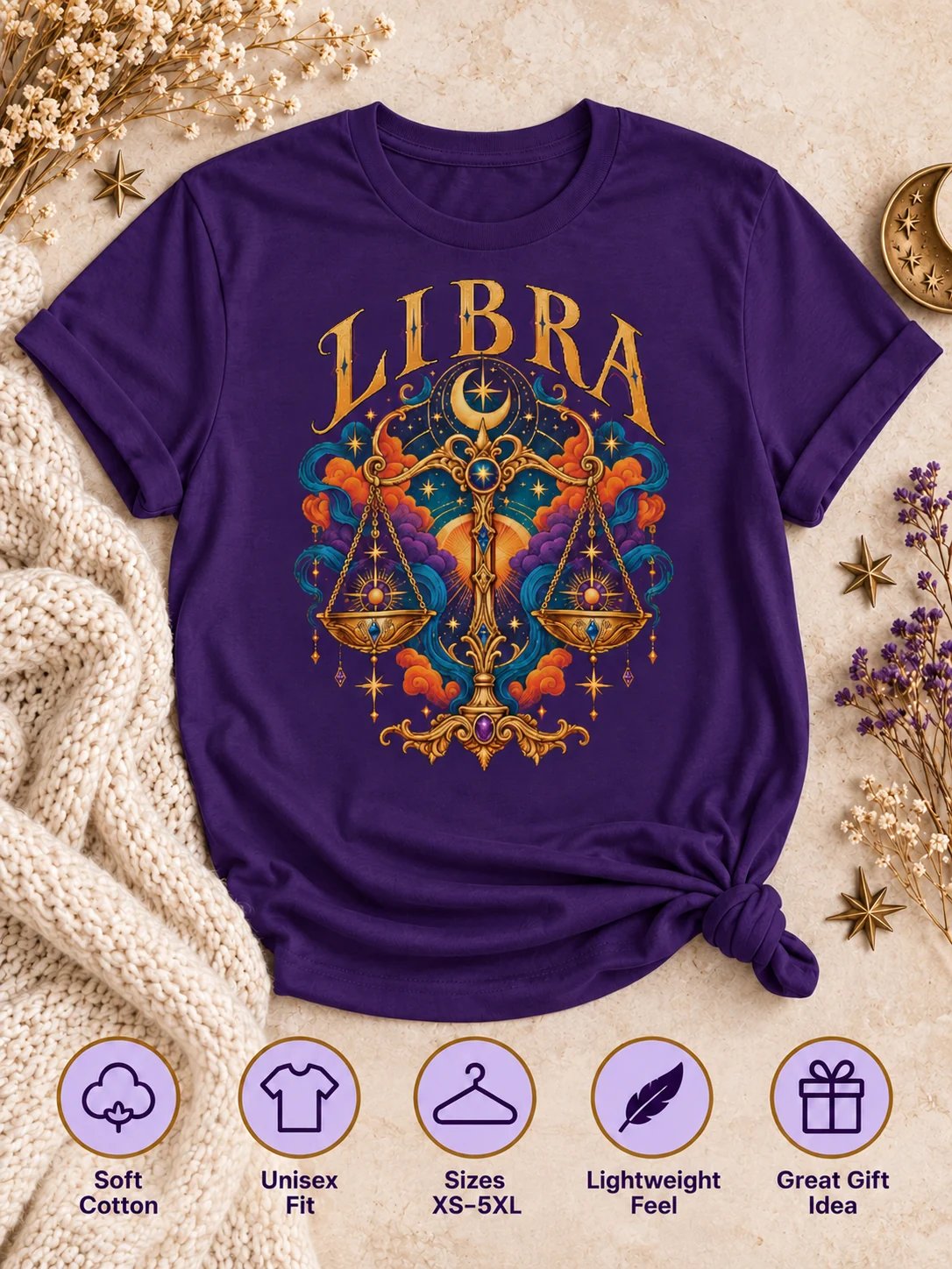 Libra Zodiac T-Shirt With Ornate Celestial Scales product image (3)