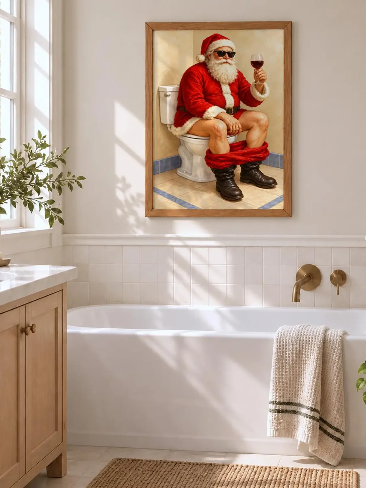 Funny Santa Toilet Print, Christmas Bathroom Wall Art, Sunglasses and Wine Poster, Quirky Holiday Decor, Printable Gift for Cozy Powder Room product image (6)