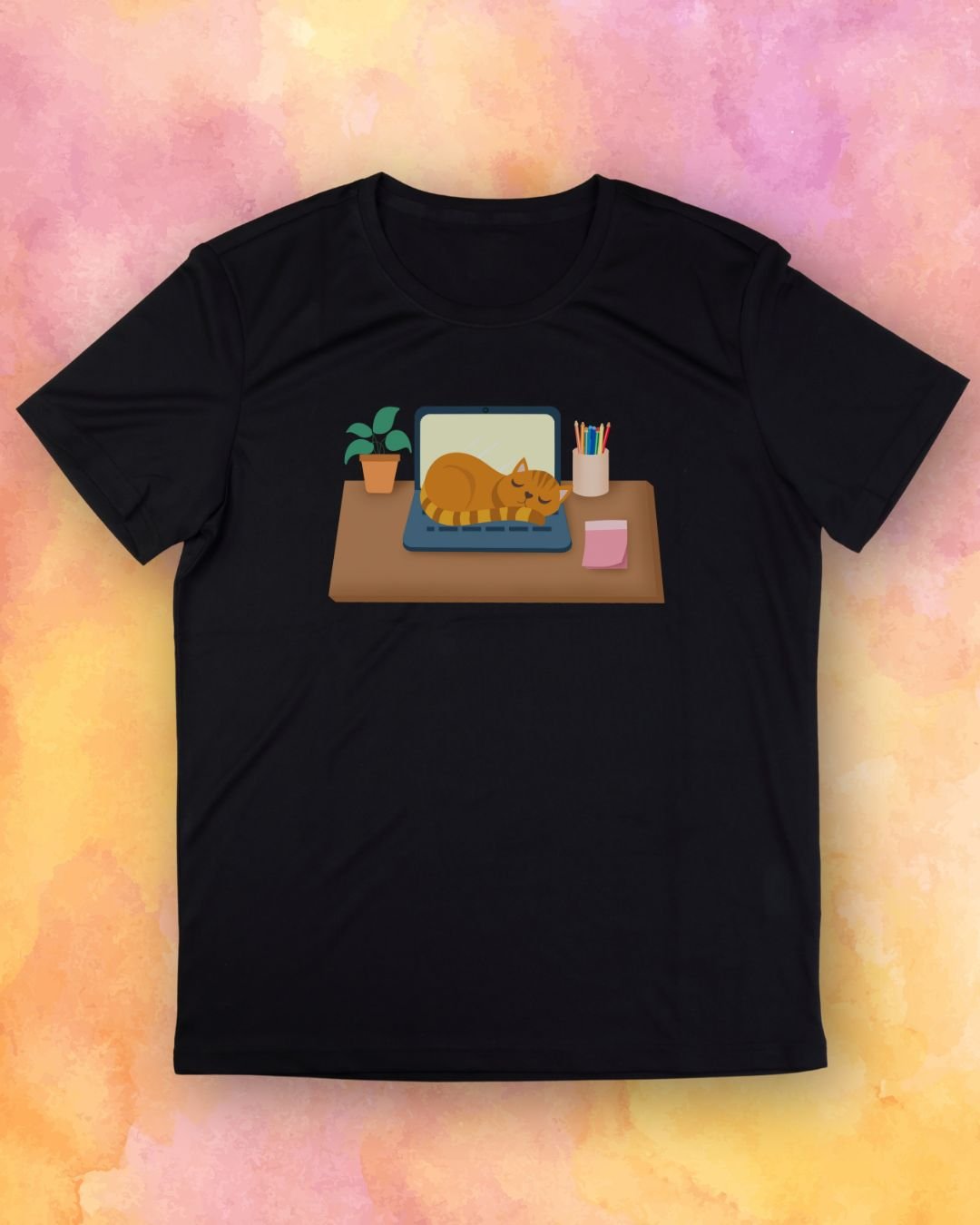 Cat Sleeping on Laptop Desk T-Shirt product image (1)