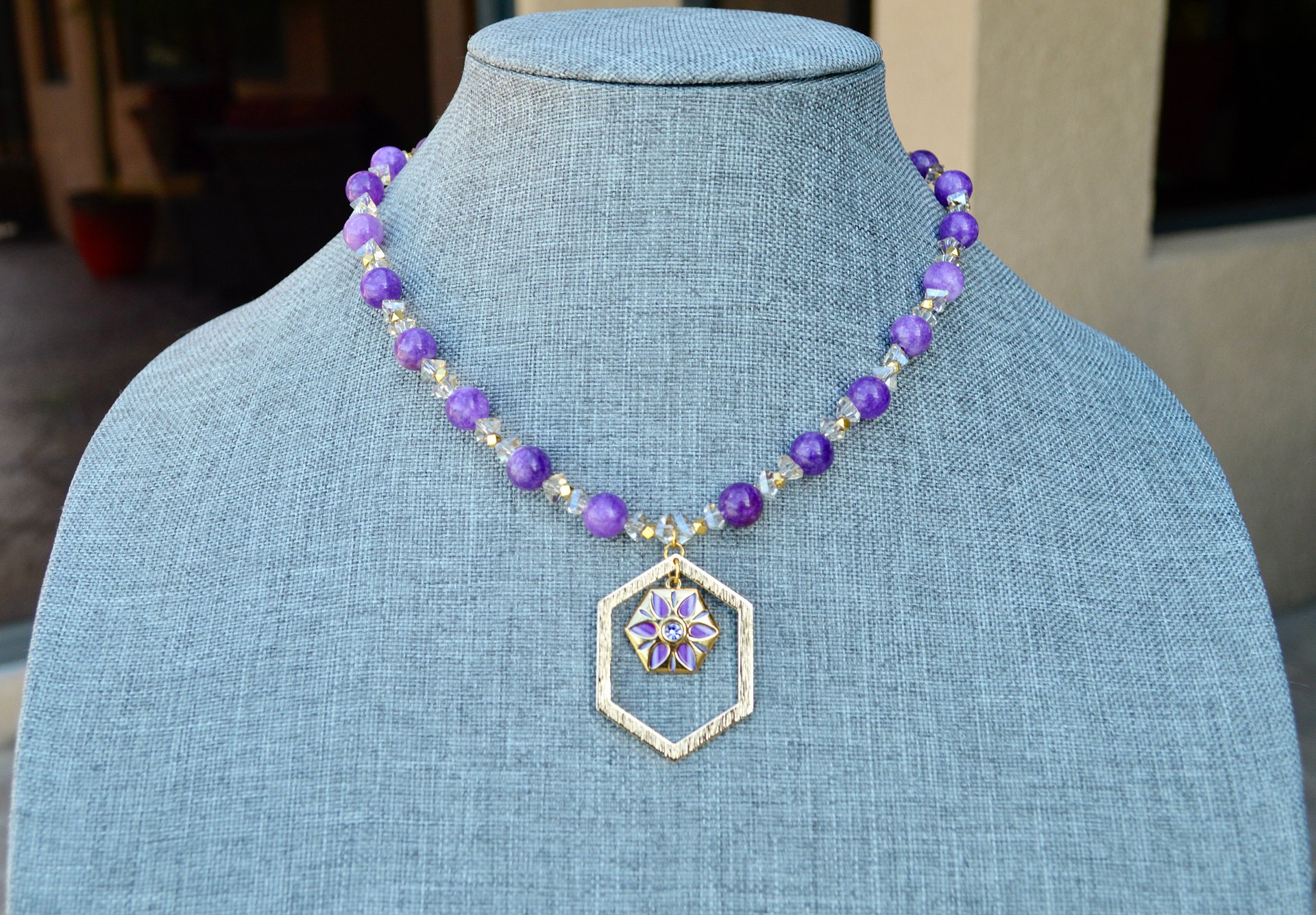 Gold-Plated Brass Textured Hexagon Pendant Necklace With Malaysia Jade Purple Gemstones and Crystals product image (2)