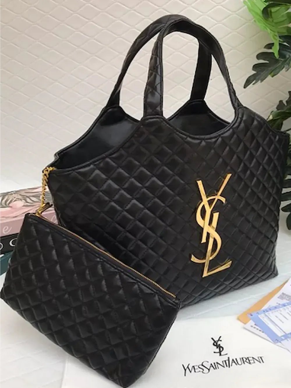 إيف سان لوران (YSL) - حقيبة يد نسائية تصميم جلد مبطن فاخر بحجم كبير مع محفظة مرفقة - لون أسود (درجة أولى هاي كوالتي) product image (8)