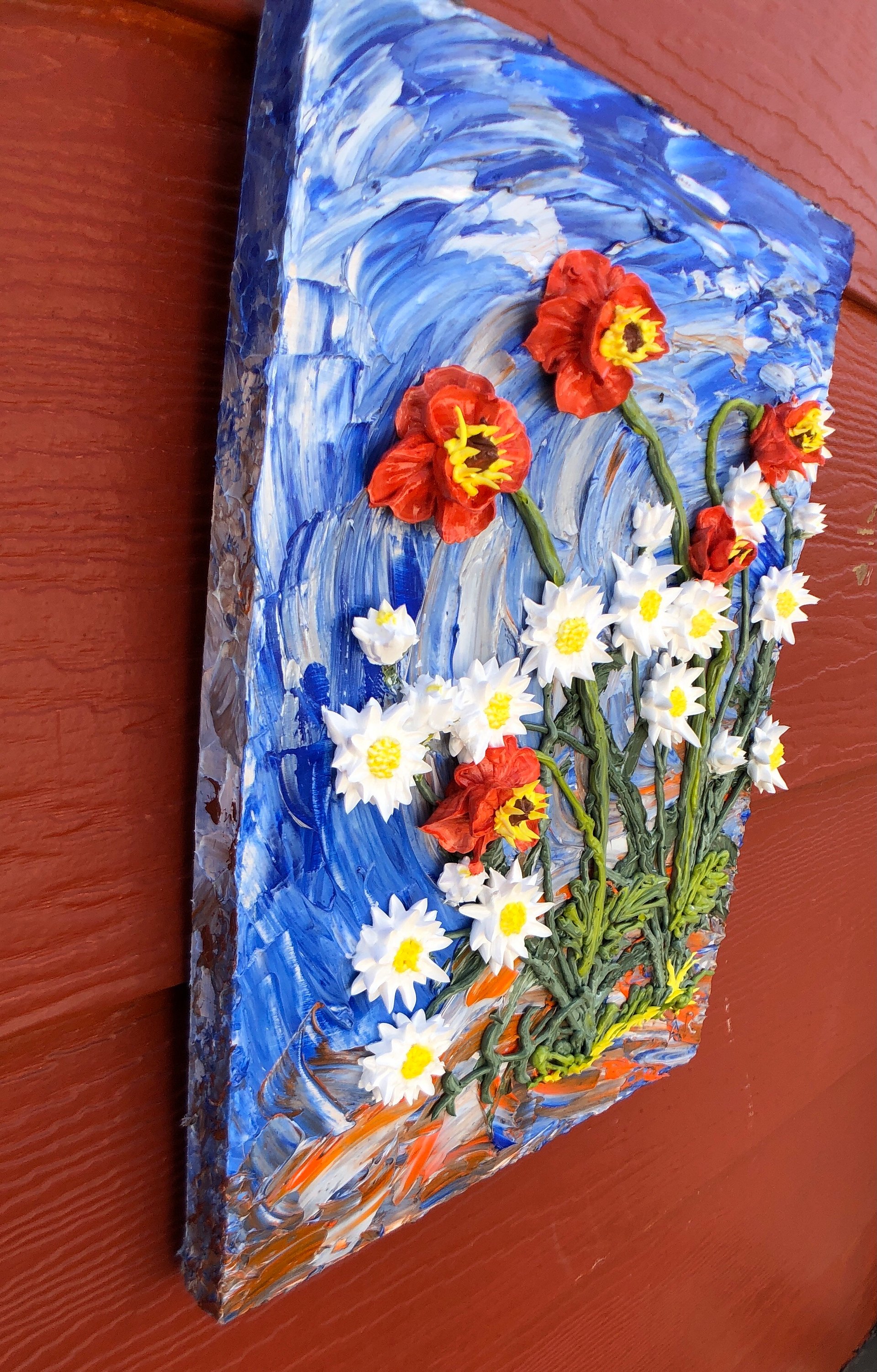 12 x 16" birch wood panel acrylic painting of sculptural daisies and poppies product image (3)