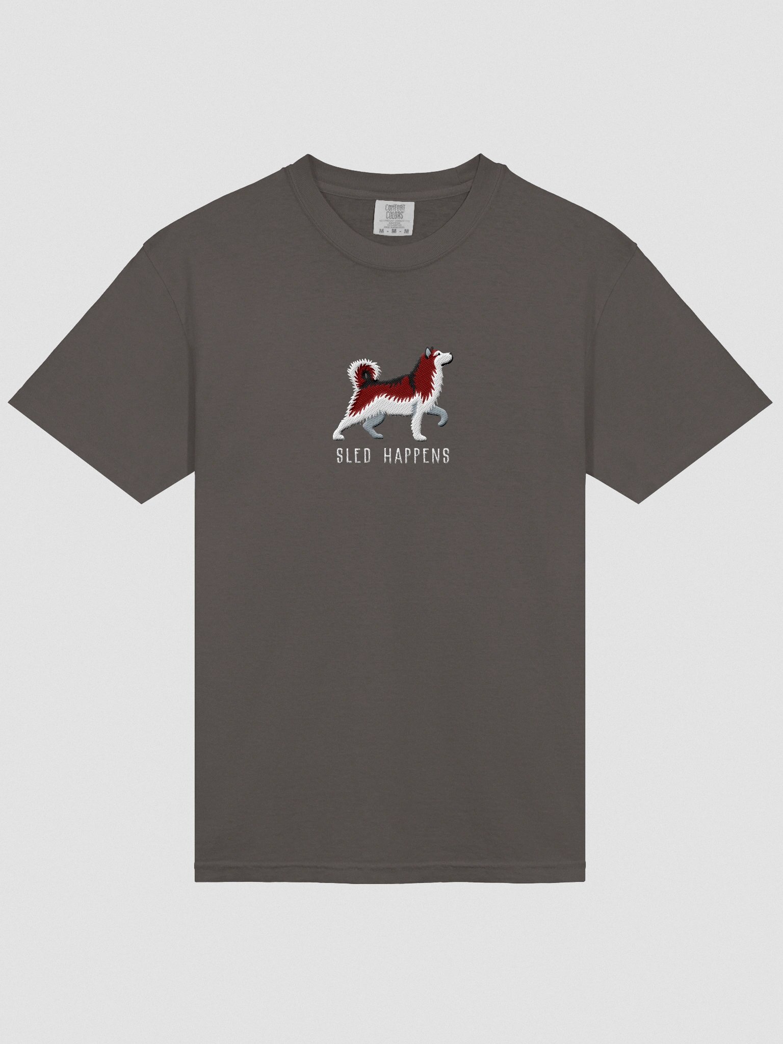 Sled Happens T-Shirt(Embroidered) of an Alaskan Malamute(Red & White) product image (6)
