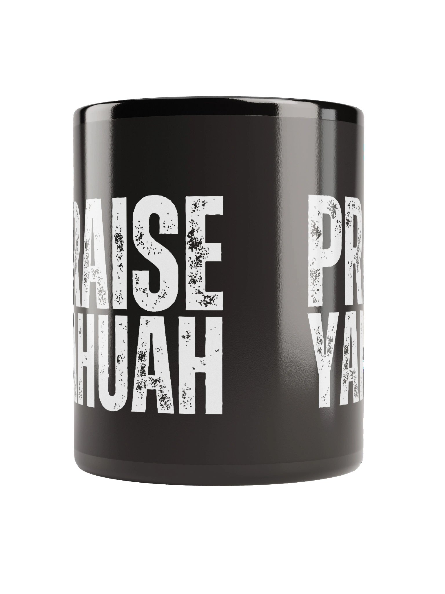 PRAISE YAHUAH Black Distressed Style Mug | Glossy Ceramic Hebrew Cup product image (5)