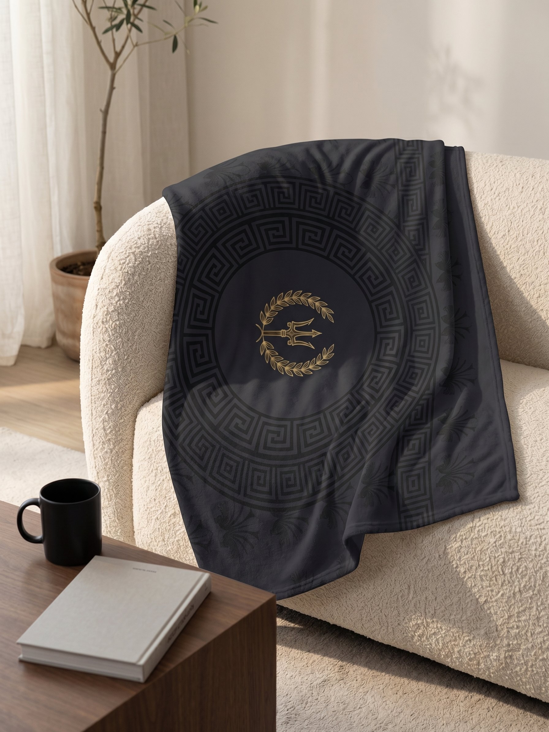 Greek Mythology Trident Emblem Luxury Throw — Midnight Black & Gold product image (3)