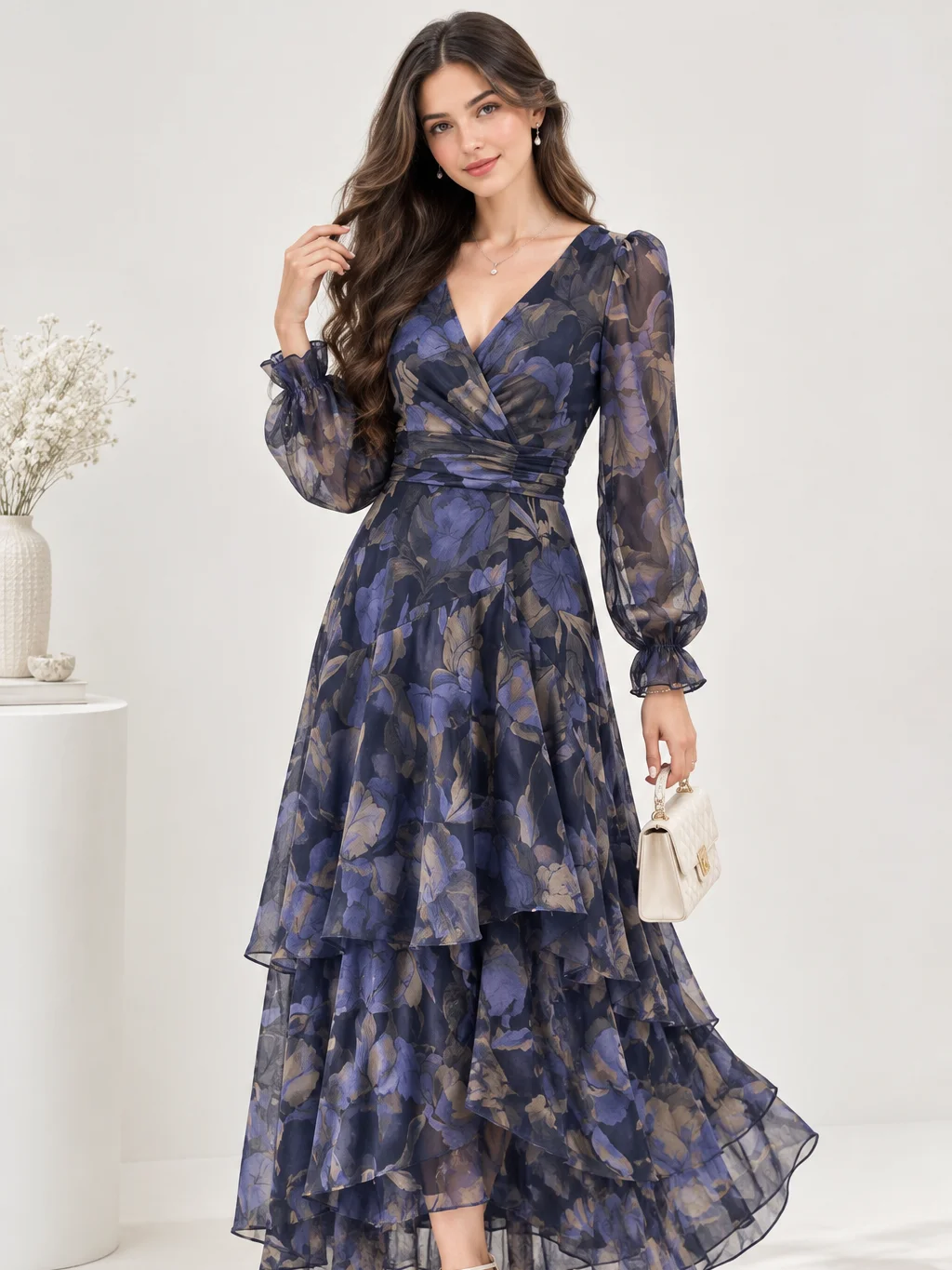 Amorya 2026 New Fashion Floral Print Ruffle Hem High Stretch Cinched Waist Long Dress, Vacation Dress, Pleated Dress, Floral Dress,Dresses For Women Summer product image (6)