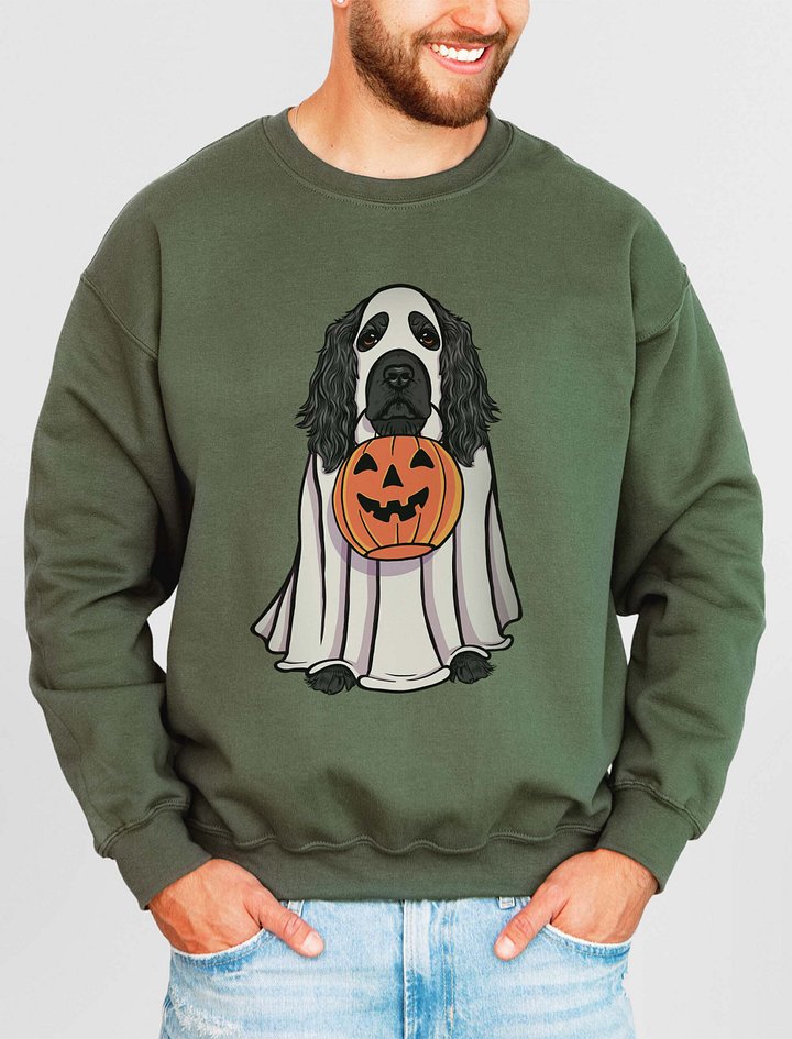 Funny Halloween Cocker Spaniel(Black) Sweatshirt | Funny Cocker Spaniel Wearing a Ghost Costume and Holding a Pumpkin Basket product image (2)