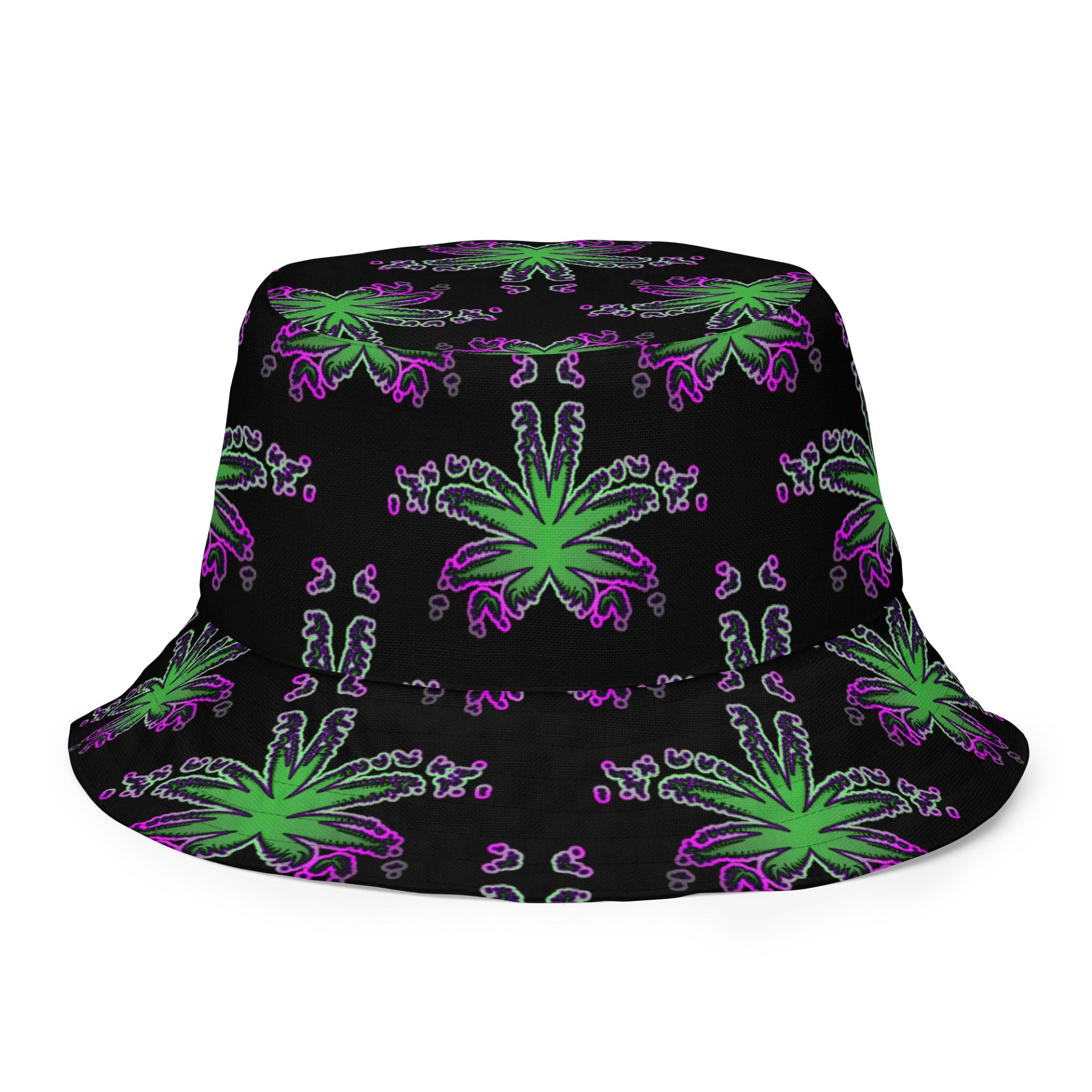 Green Purple Pot Leaf Pattern Reversible Bucket Hat, Cannabis Summertime 420 Fashion Accessory product image (5)