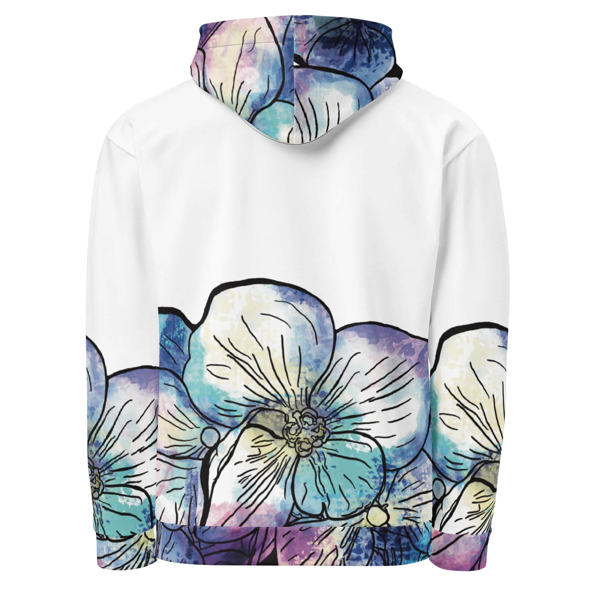 🌸 Coastal Bloom | Hydrangeas on White Hooded Sweatshirt | Monique Faella Designs™ | Unisex Floral Sweatshirt | Artful Botanical Fashion product image (3)