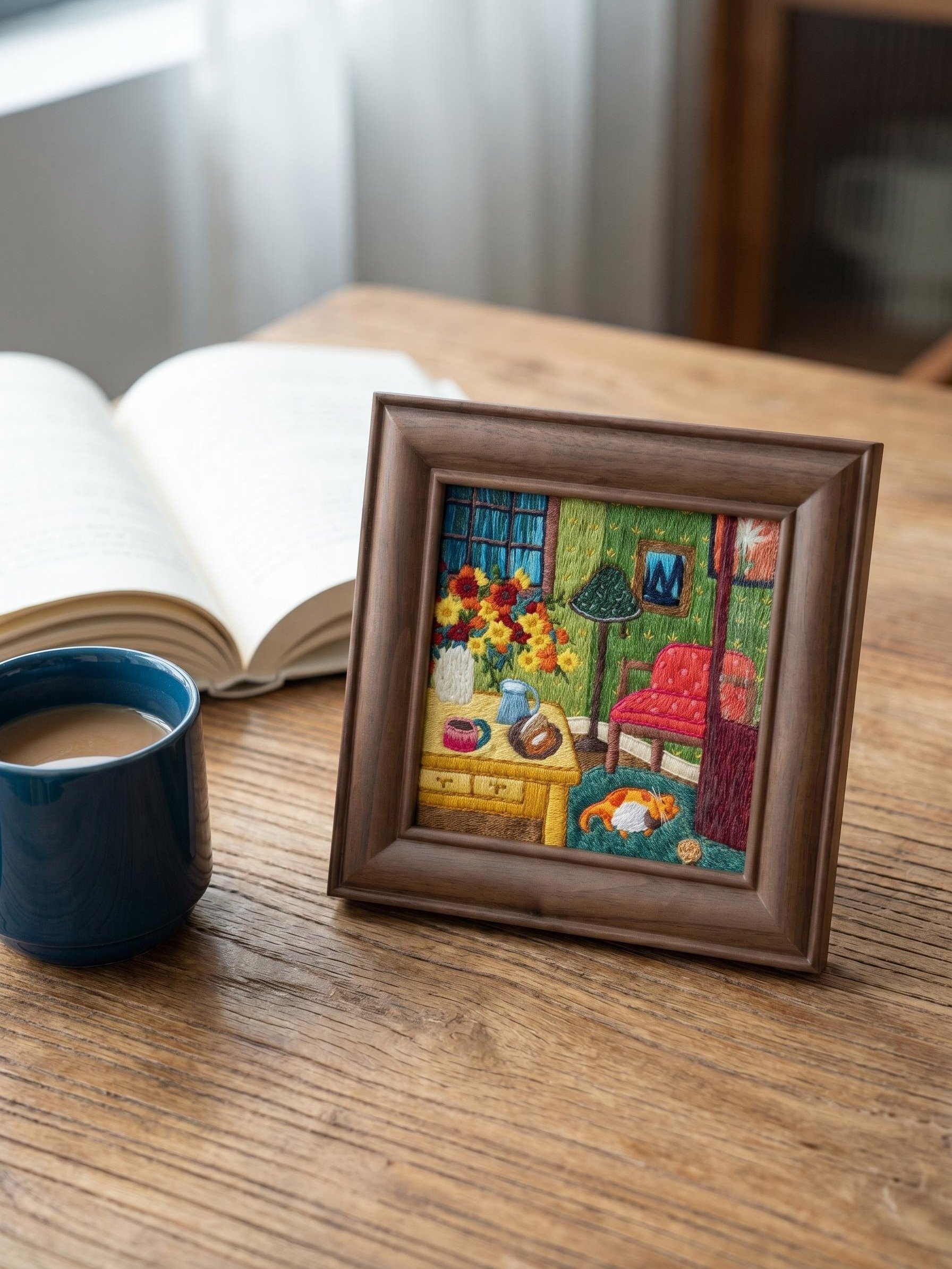Spring Afternoon Impression Embroidery Artwork in Artisan Solid Wood Frame (14.7 x 14.7cm) product image (2)