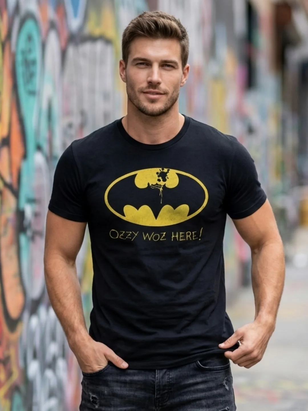 Ozzy Osbourne T-Shirt Ozzy Woz Here Batman Parody | Prince of Darkness Tribute Heavy Metal Graphic Tee | Black Sabbath Collector Shirt product image (1)