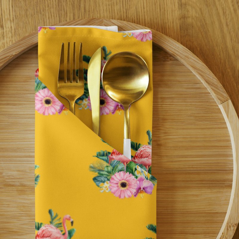 TROPICAL FLAMINGO & FLORAL CLOTH NAPKINS (SET OF 4) – 20"X20", SOFT BROADCLOTH, GOLDEN YELLOW BACKGROUND, VIBRANT BOTANICAL PRINT product image (2)