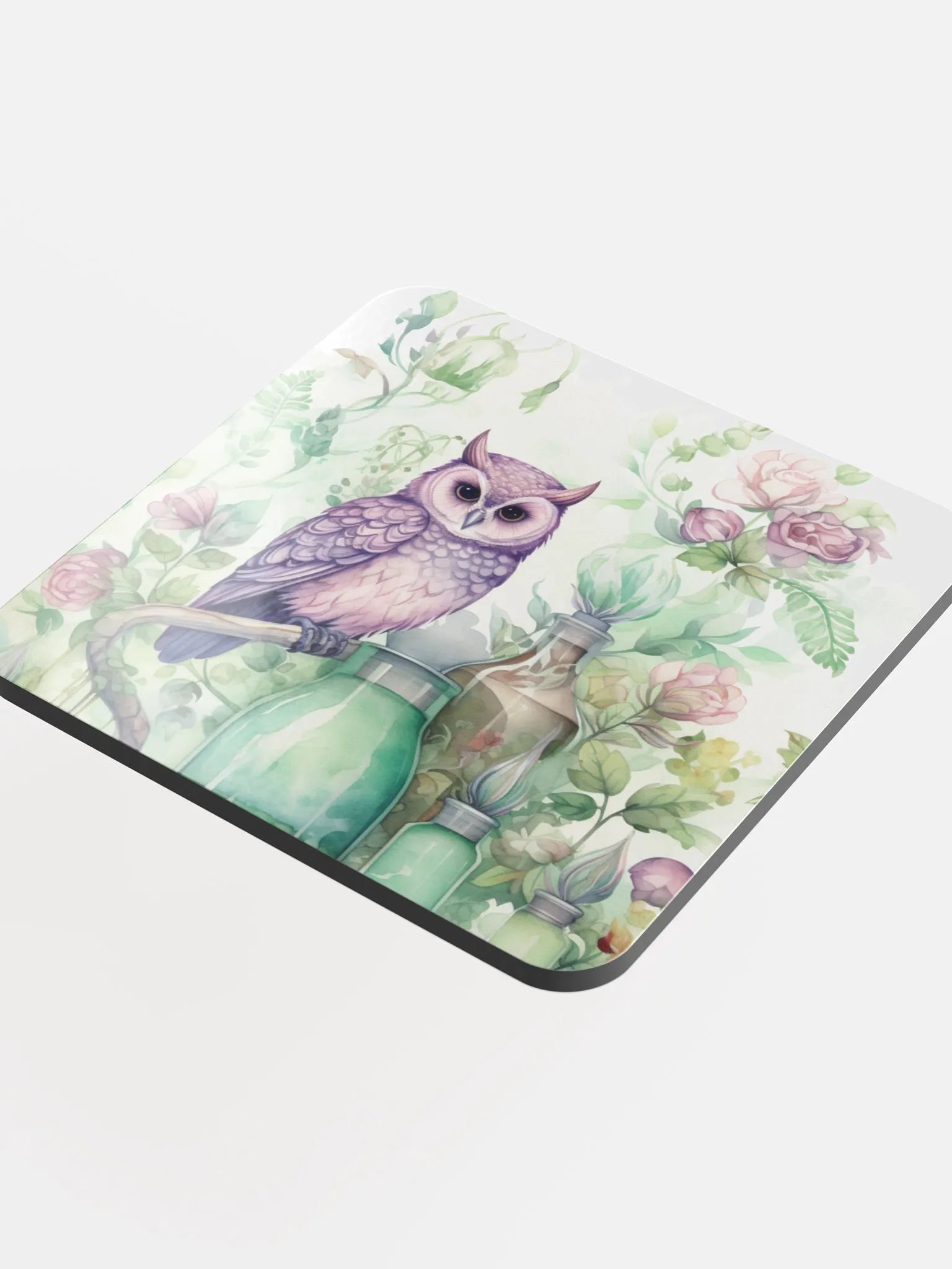 Glossed Cork Coaster 🦉 Peaceful Soft Green Theme - Owls Vibes - Motif 3 product image (4)